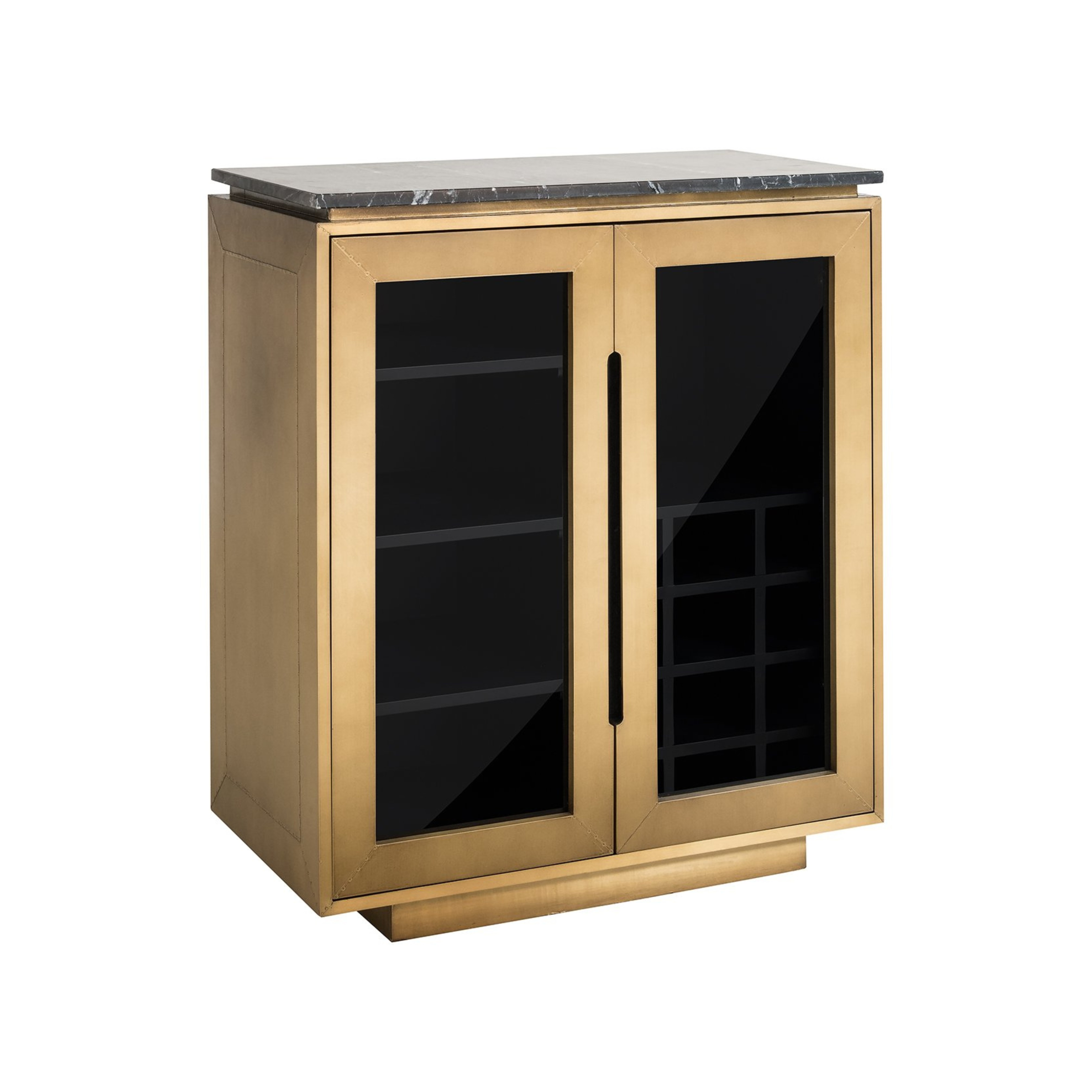 FINSBURY glass-fronted sideboard in antique gold with black marble