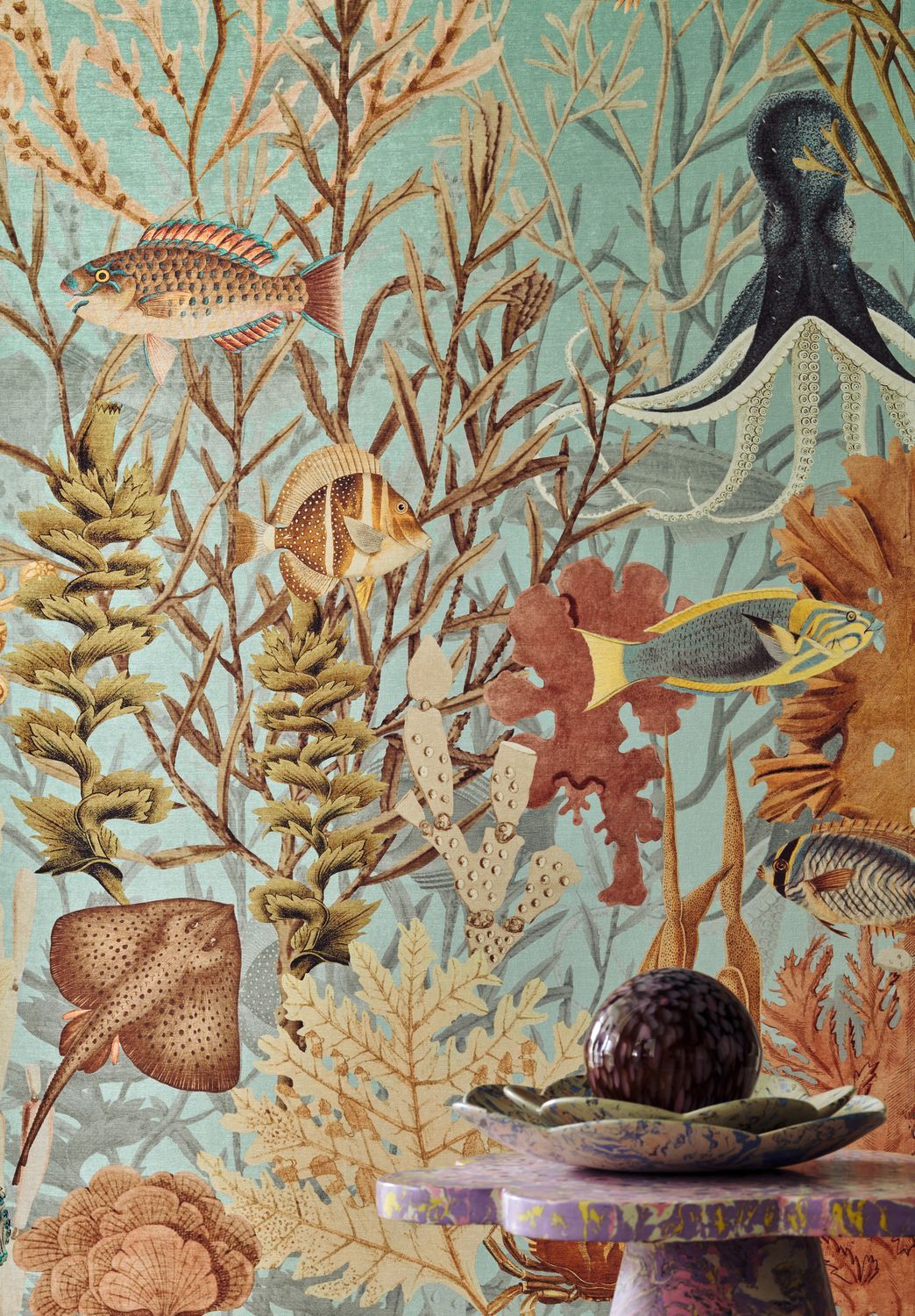 Textile mural with coral reef motif MOOREA in blue