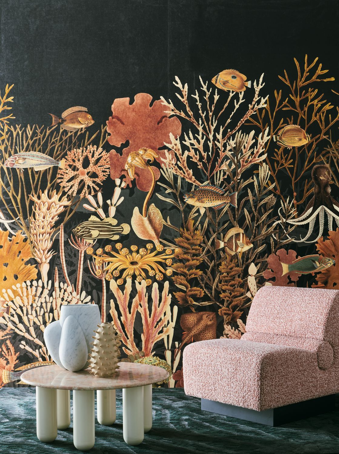 Textile mural with coral reef motif MOOREA in blue