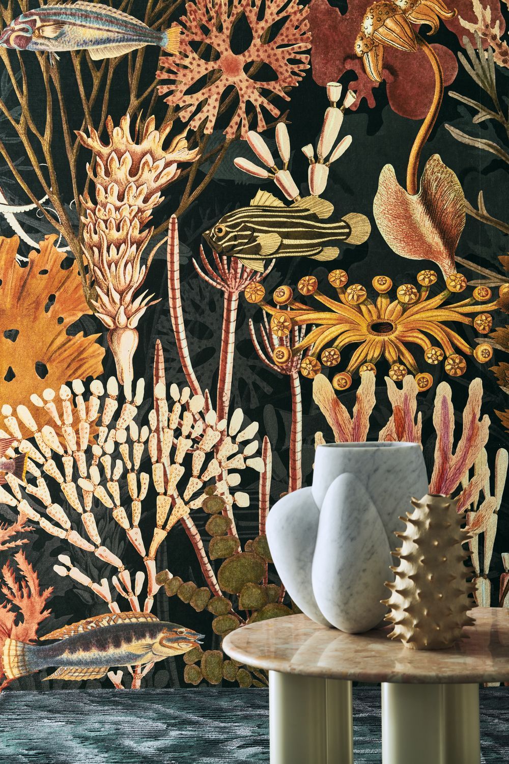 Textile mural with coral reef motif MOOREA in blue