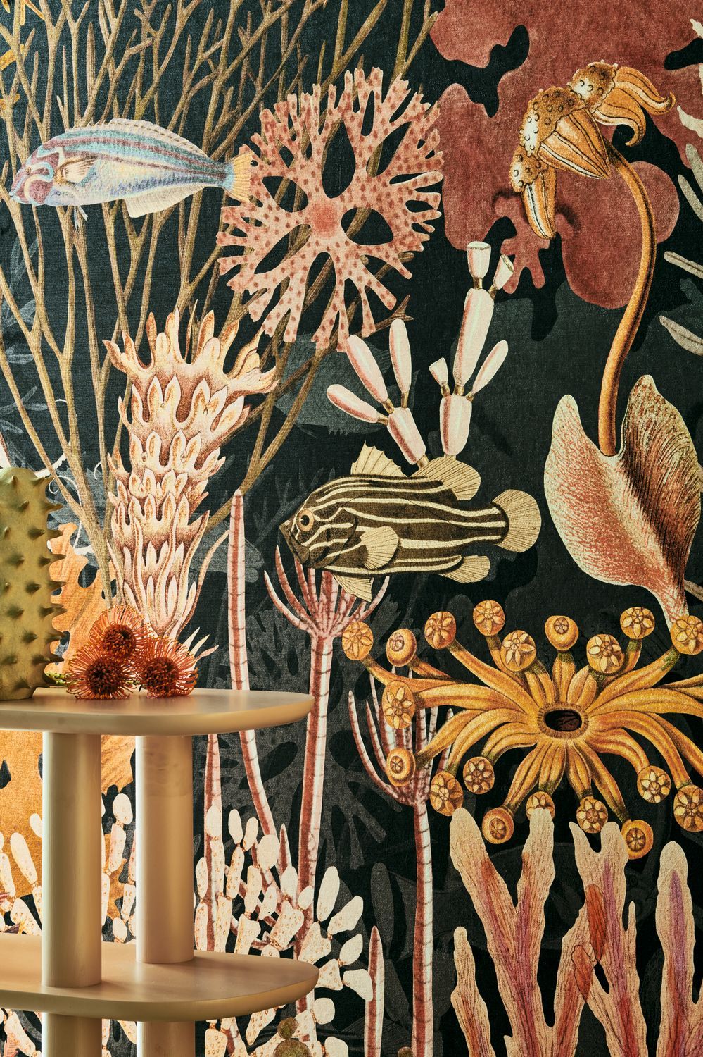 Textile mural with coral reef motif MOOREA in blue