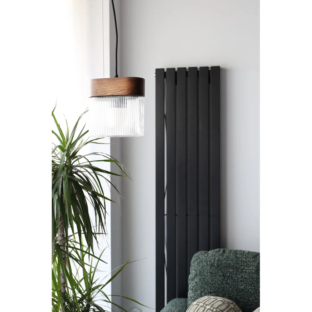 FLUMINA pendant lamp with ribbed glass and black ash wood
