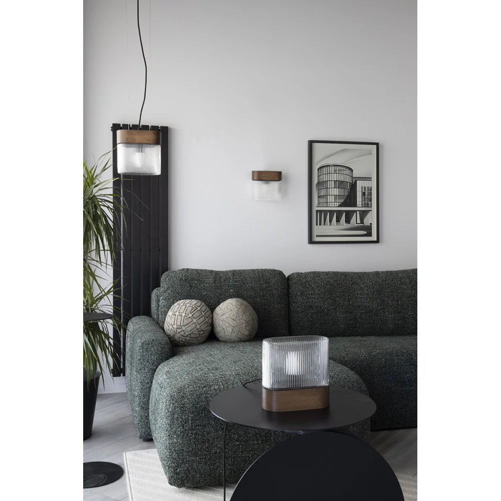 Stolná lampa FLUMINA sklo ryhované a jaseňové drevo