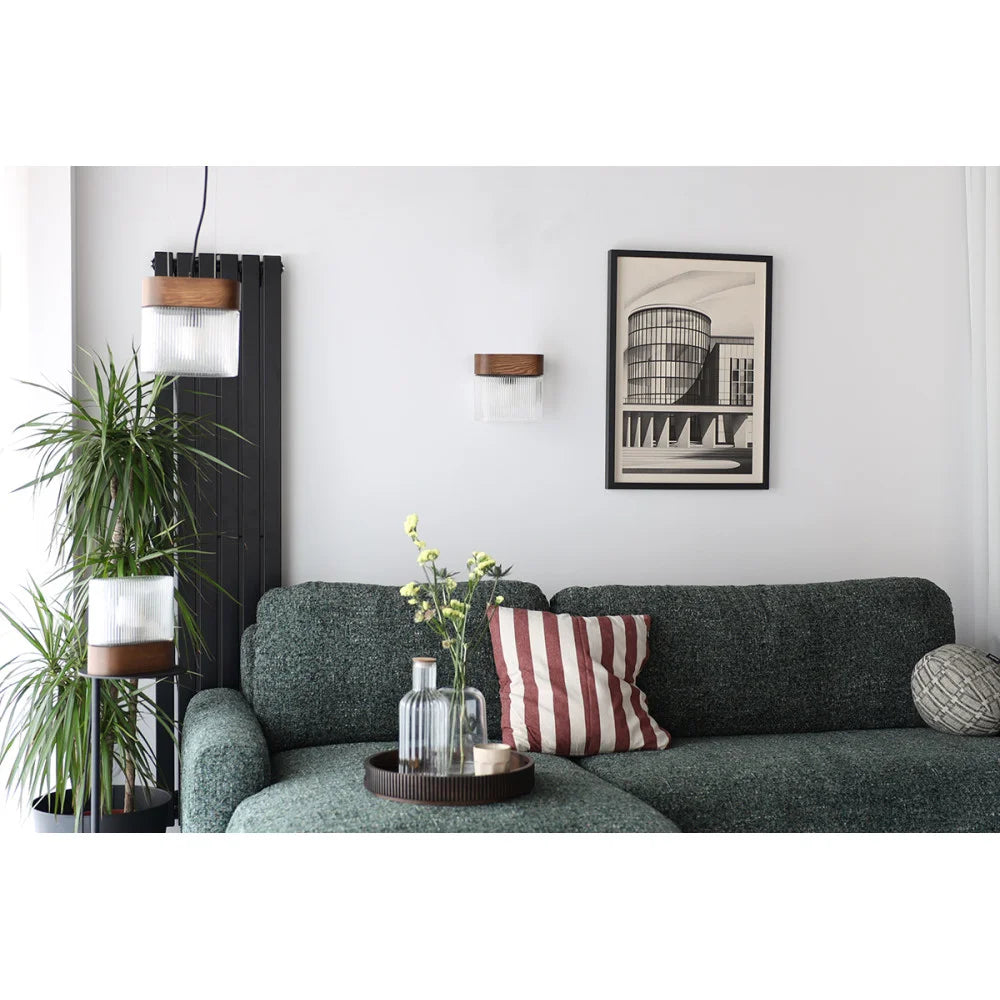 FLUMINA wall lamp with ribbed glass and ash wood