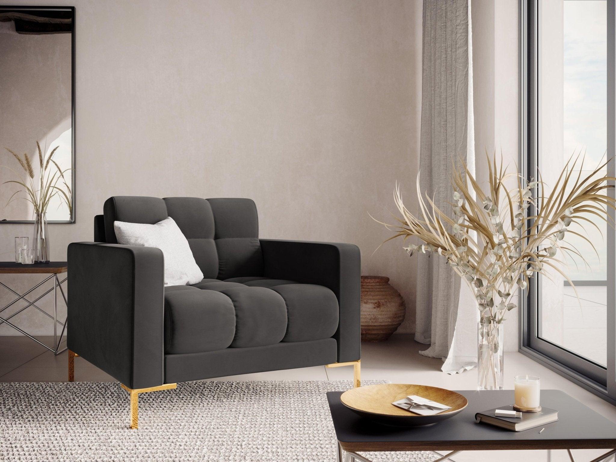 Fotel aksamitny BALI ciemnoszary ze złotą podstawą Cosmopolitan Design Eye on Design