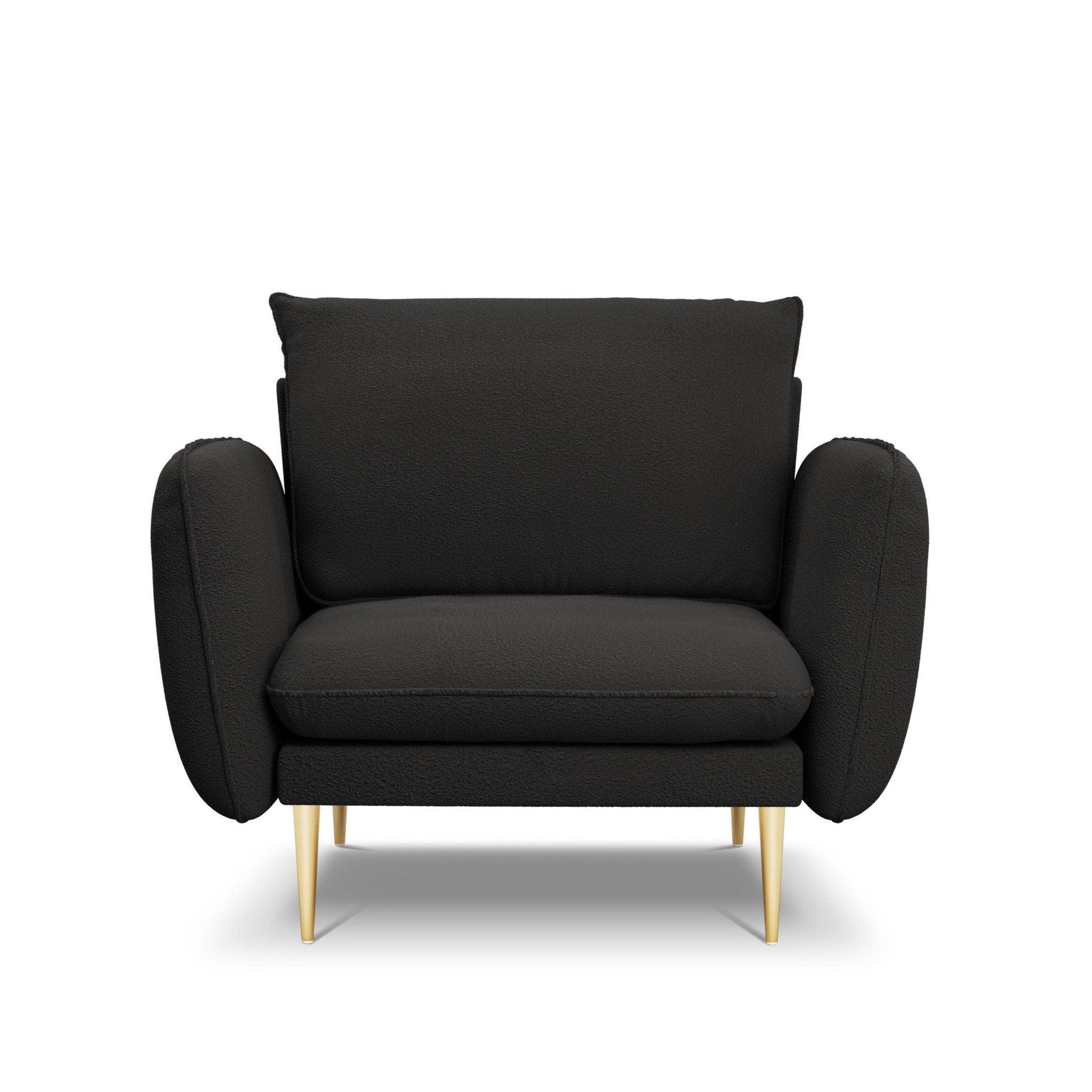Fotel w tkaninie boucle VIENNA czarny ze złotą podstawą Cosmopolitan Design Eye on Design