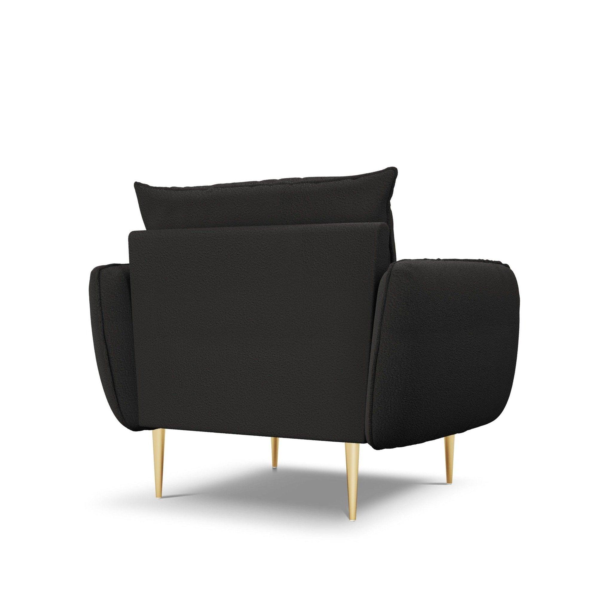 Fotel w tkaninie boucle VIENNA czarny ze złotą podstawą Cosmopolitan Design Eye on Design