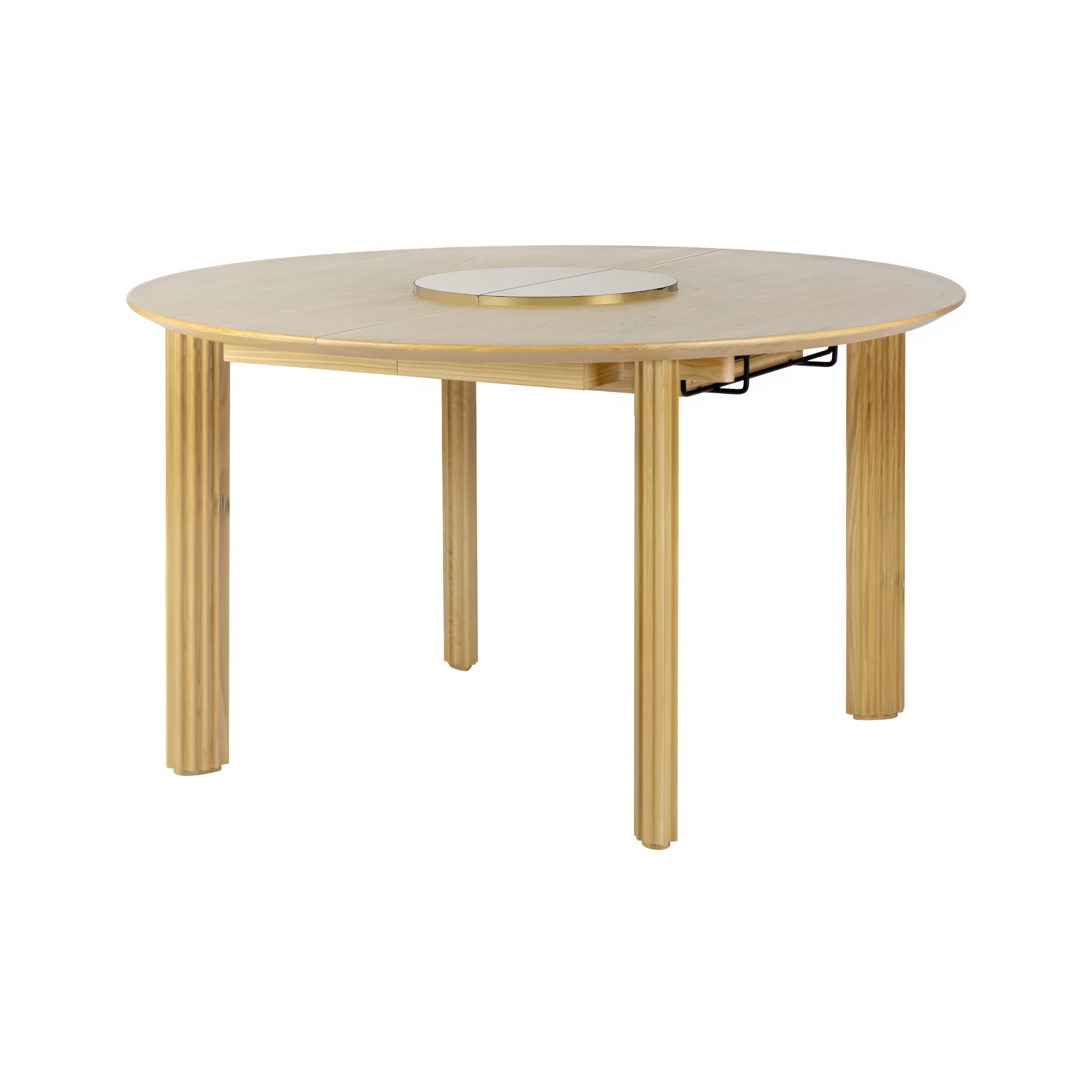COMFORT CIRCLE round extendable table made of oak with a brass pedestal
