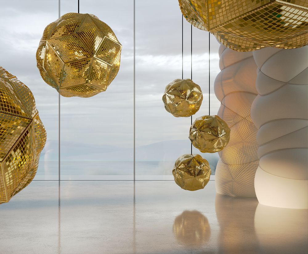 Zlatá závesná lampa PUFF