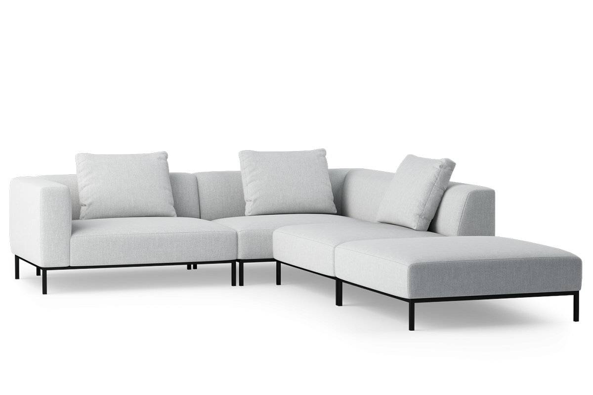 Modulárny otvorený pravý rohový gauč HOLDEN čalúnený s čiernym podstavcom