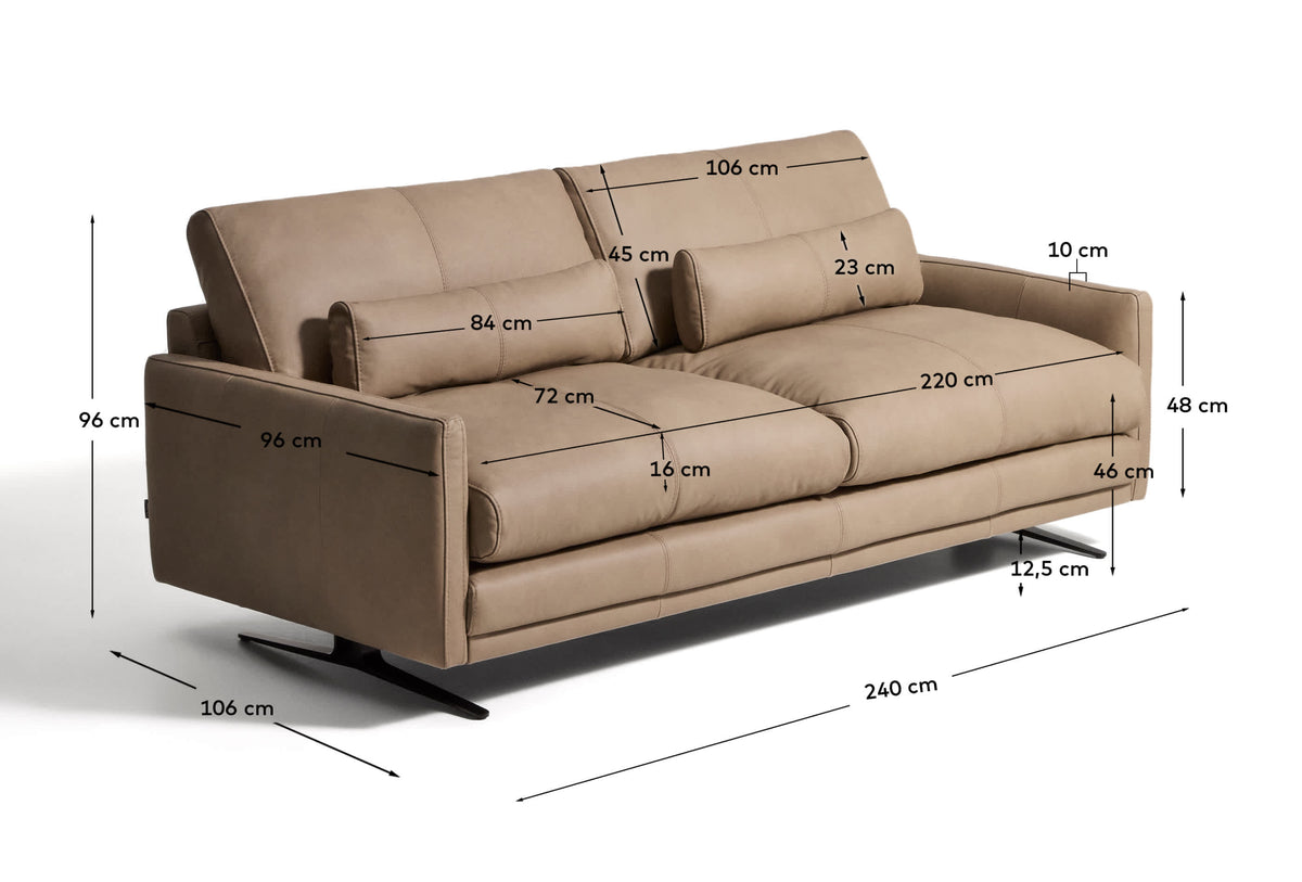 Sofa 4-osobowa VELIRO brązowa skóra z czarnymi metalowymi nogami – wymiary