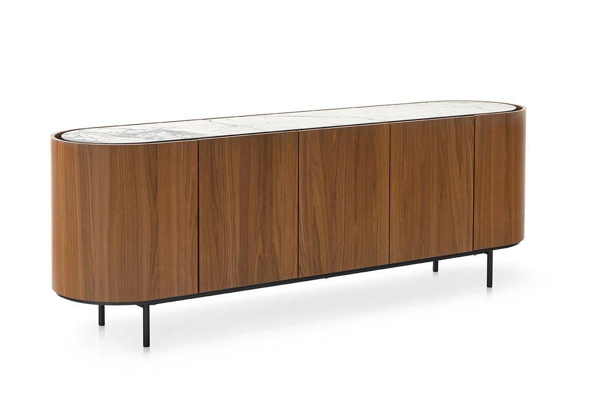 Komoda LAKE orzechowy Calligaris 5 drzwiowa kremowy ceramiczny marmur Eye on Design