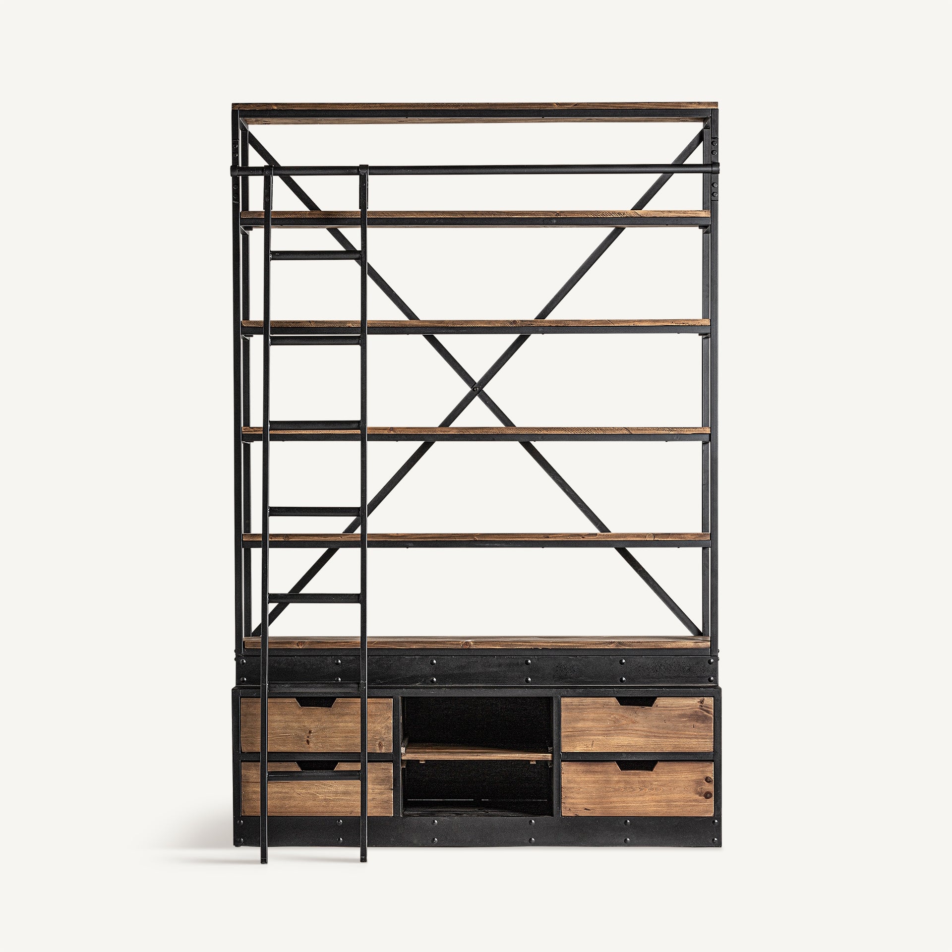 IVALO Bookshelf made of recycled pine wood with a metal finish