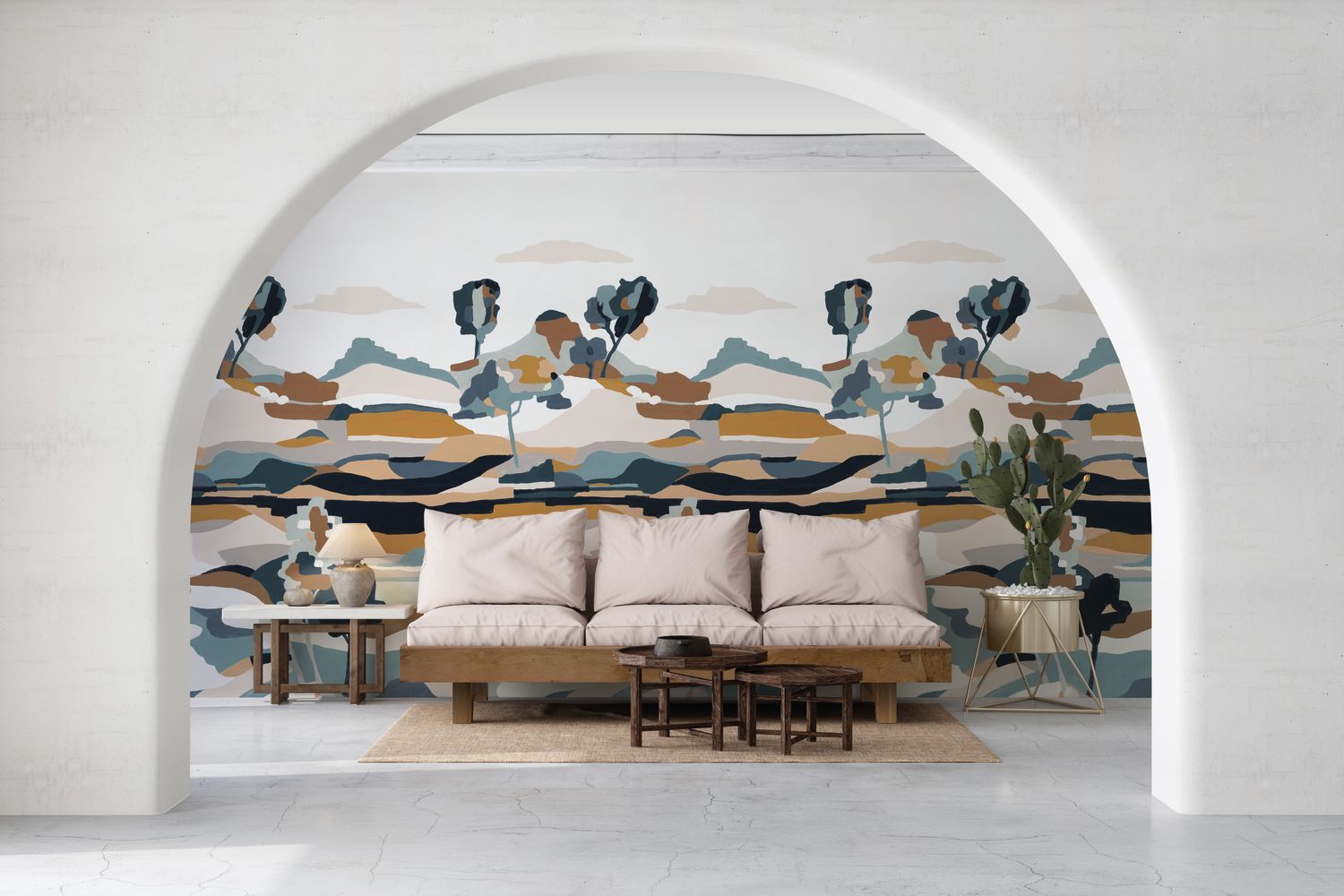 Abstraktná nástenná maľba s krajinou LE BASSIN modrá s béžovou