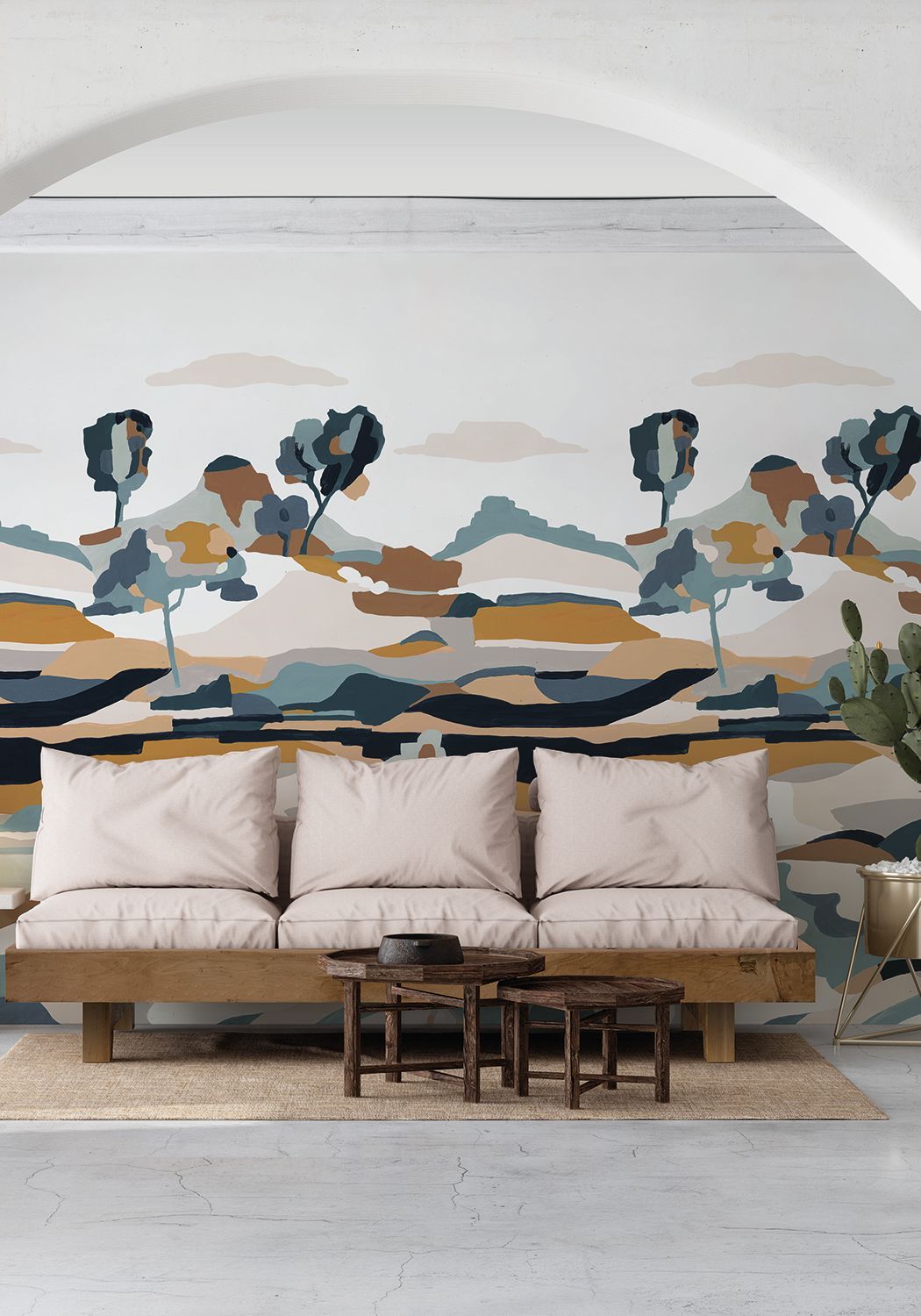 Abstraktná nástenná maľba s krajinou LE BASSIN modrá s béžovou