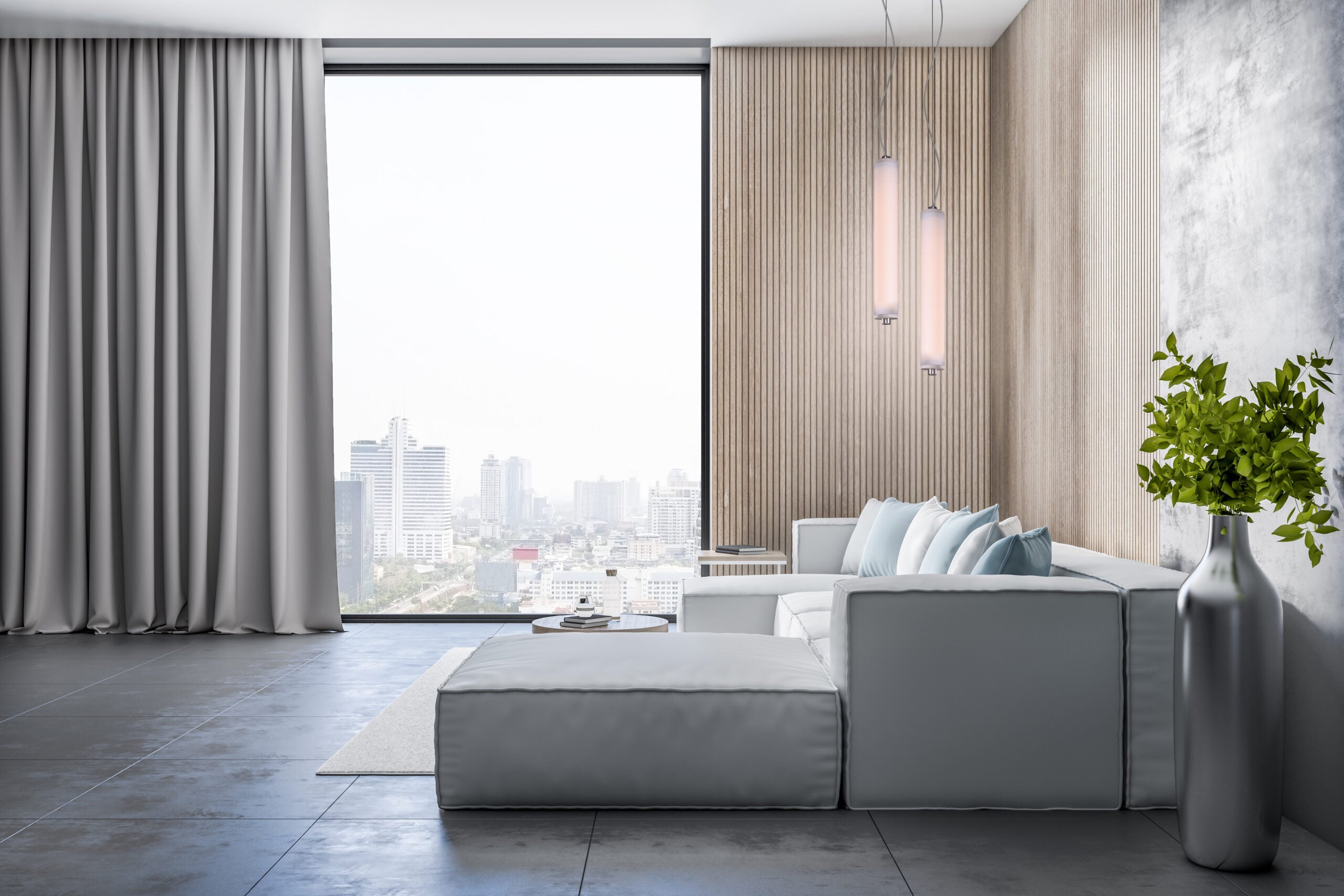 LONGA vertical pendant lamp with a milky shade and concrete detail