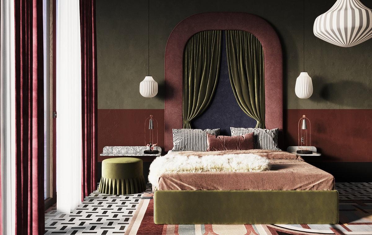 Łóżko tapicerowane ALICE róż z zieloną kurtyną Happy Barok Eye on Design