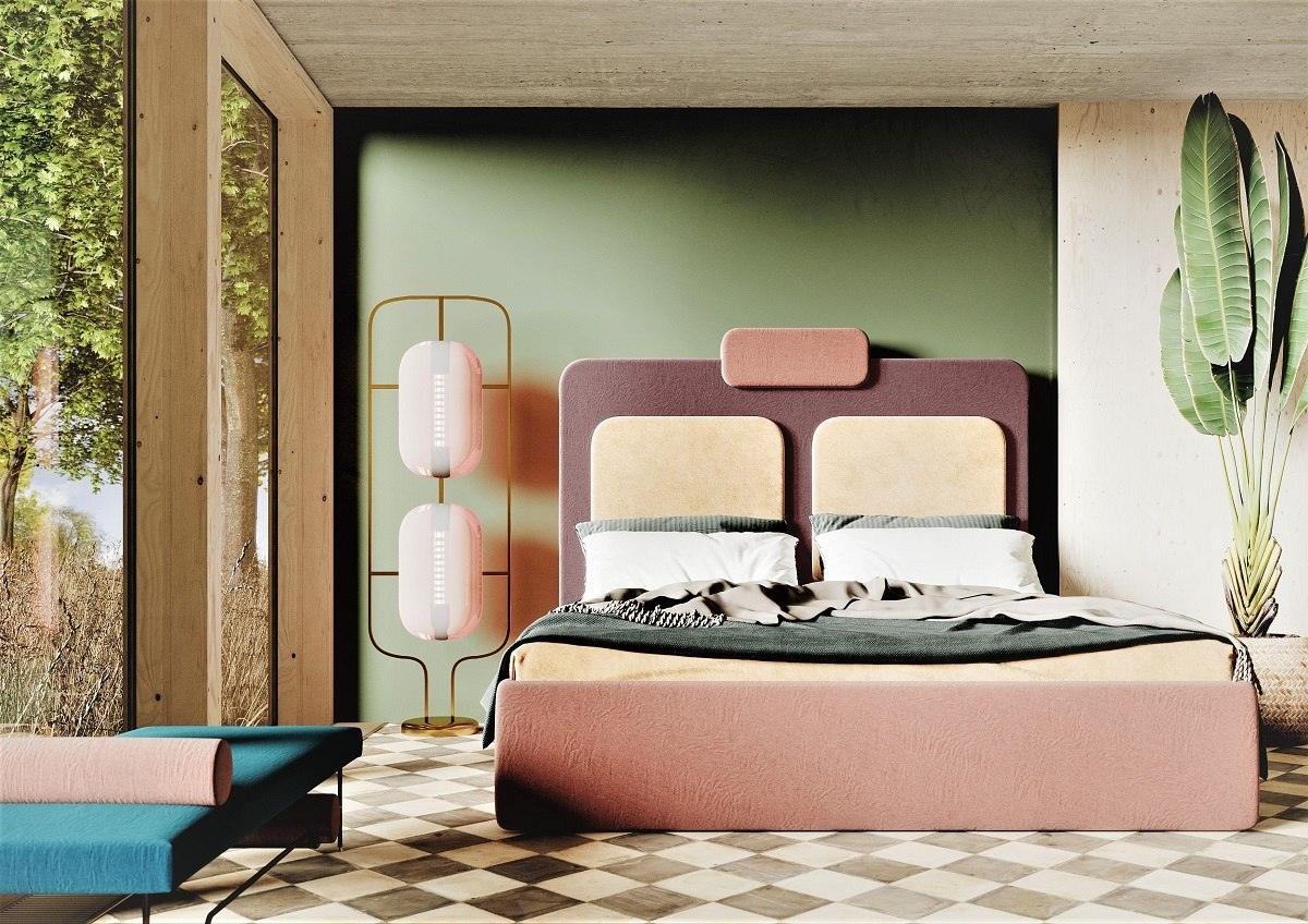 Łóżko tapicerowane PLUM 7 różowy z niebieskim Happy Barok Eye on Design