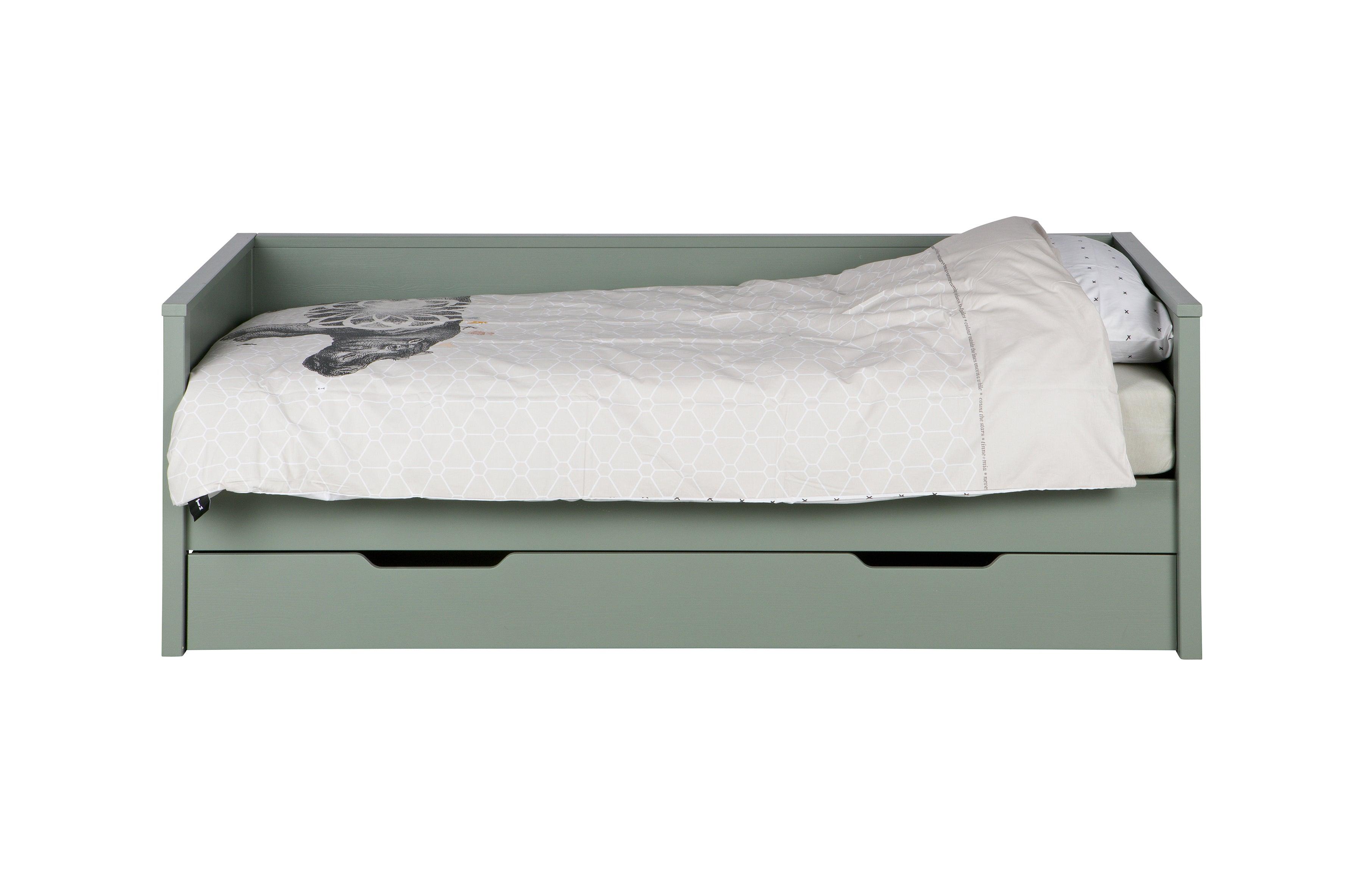 Łóżko z oparciem NIKKI zielony Woood z listwami z szufladą Eye on Design