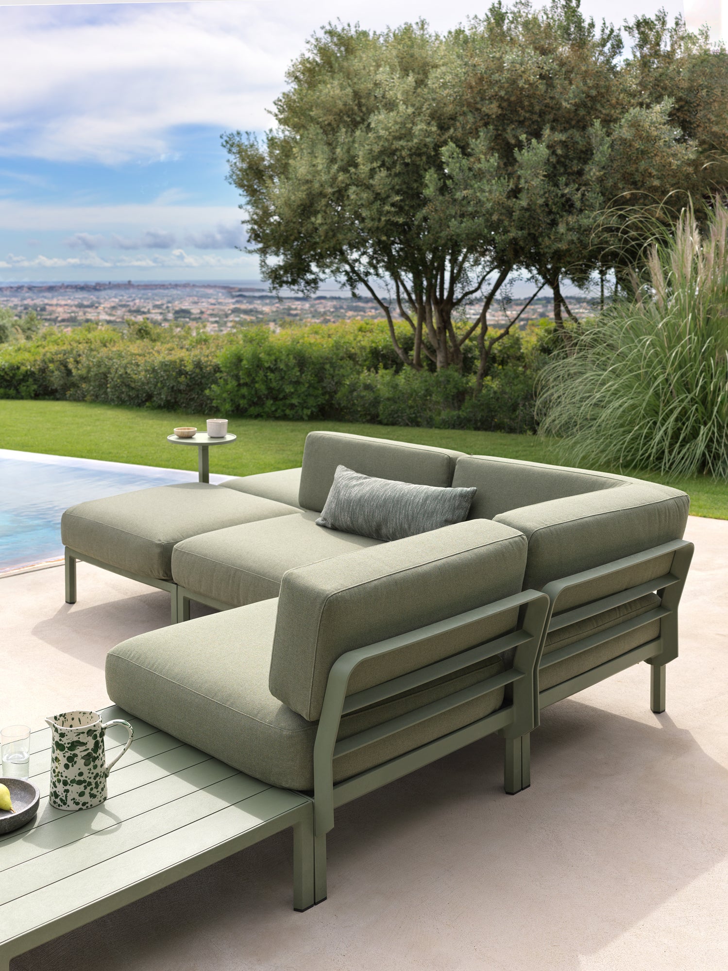 MAXIMO 5 Pearl Modular Outdoor Corner Sofa with Green Base