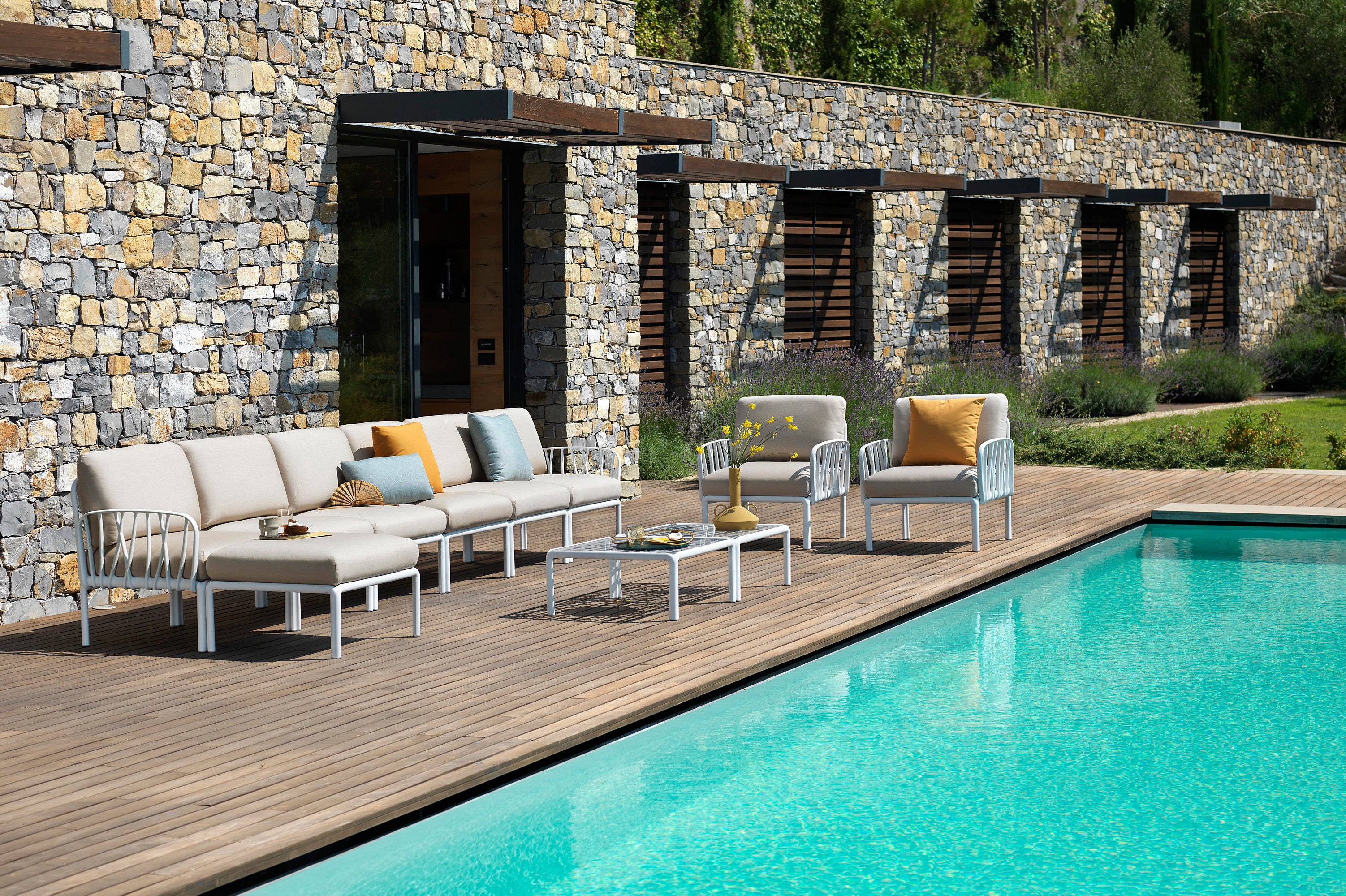 Modular Outdoor Corner Sofa KOMODO 5 Beige Sunbrella® with Green Agave Base