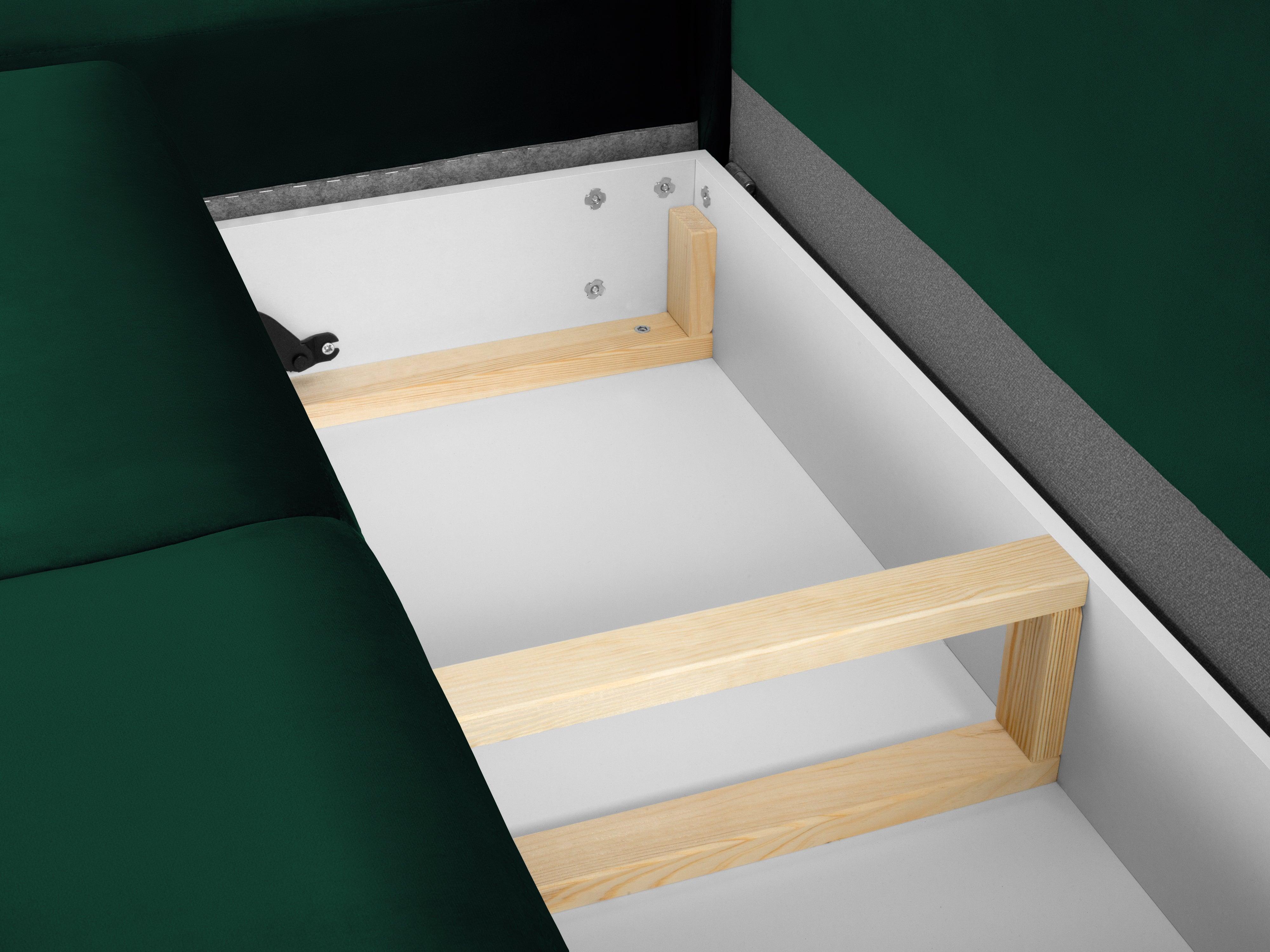 Narożnik 5-osobowy lewostronny z funkcją spania KYOTO butelkowa zieleń ze złotą podstawą Cosmopolitan Design Eye on Design