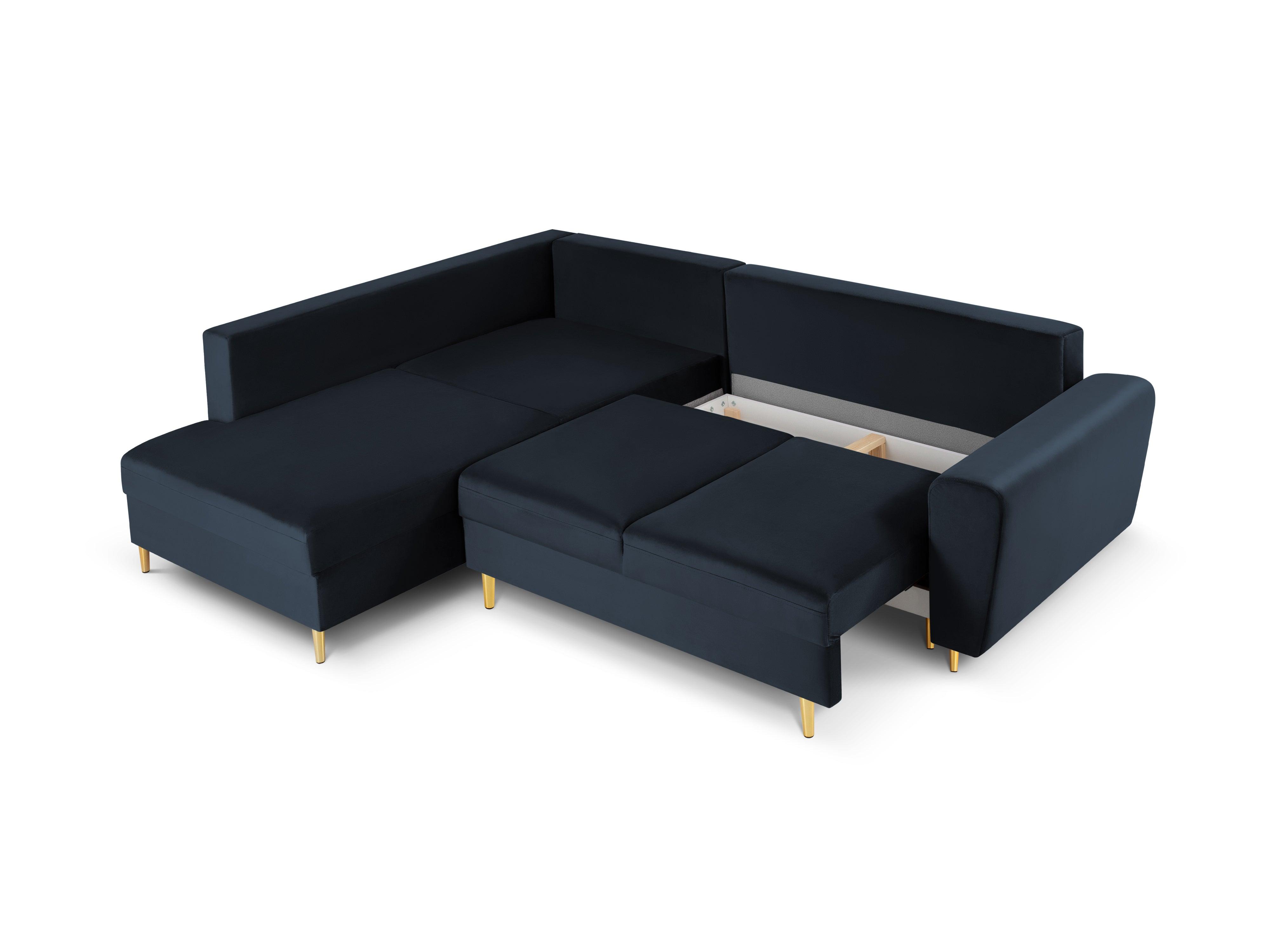 Narożnik 5-osobowy lewostronny z funkcją spania KYOTO ciemnoniebieski ze złotą podstawą Cosmopolitan Design Eye on Design