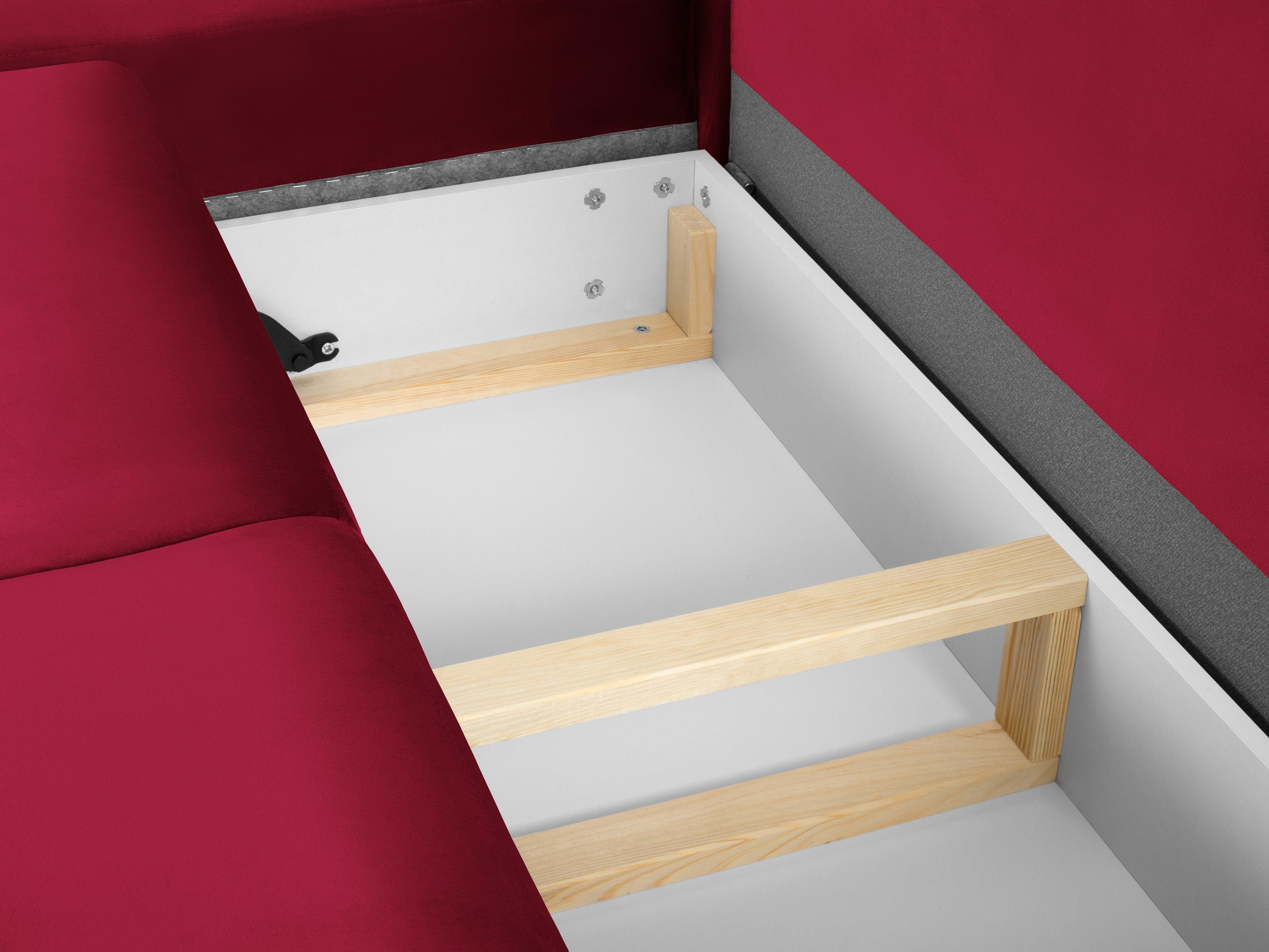 Narożnik 5-osobowy lewostronny z funkcją spania KYOTO czerwony ze złotą podstawą Cosmopolitan Design Eye on Design