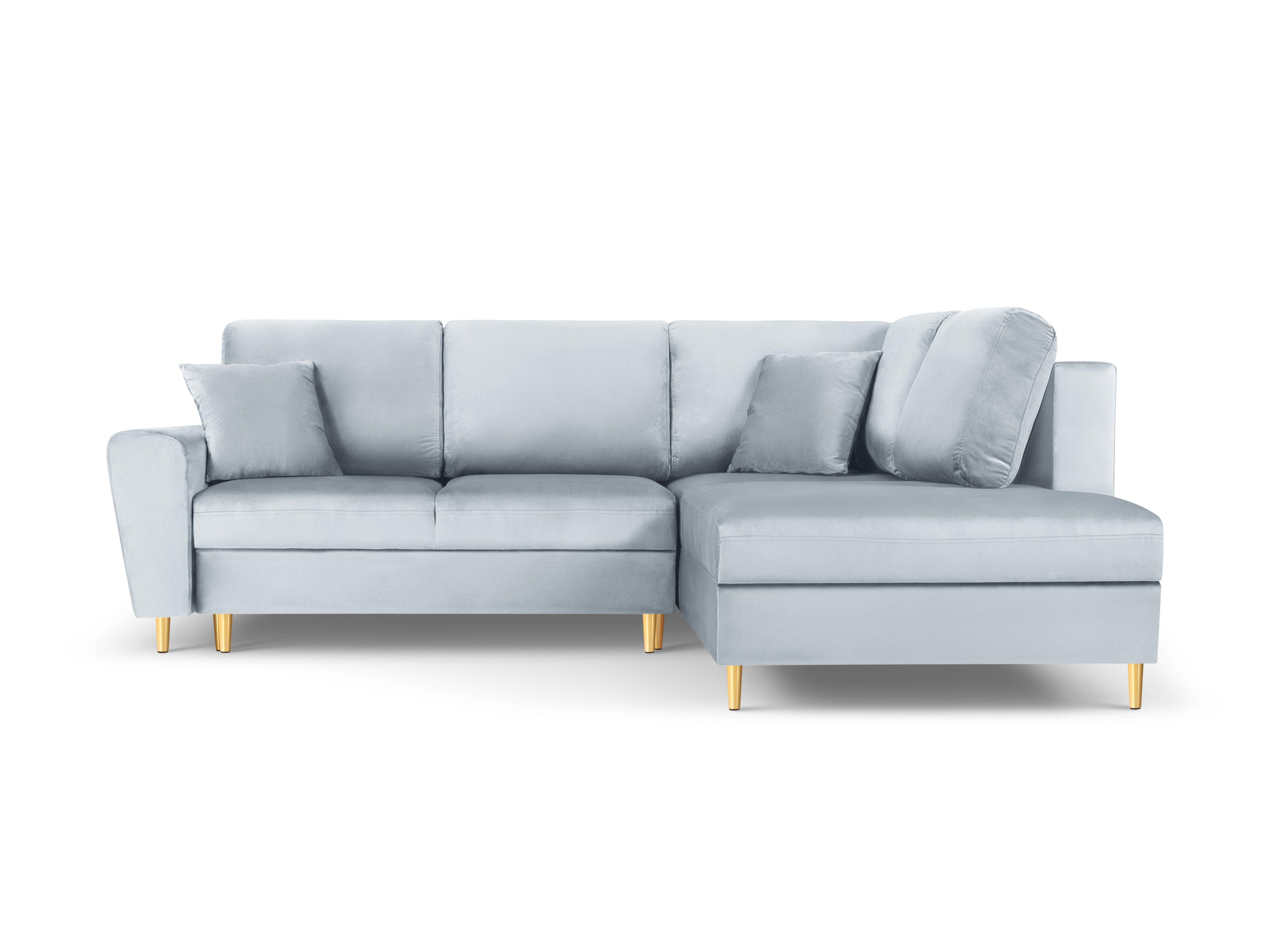 Narożnik 5-osobowy prawostronny z funkcją spania KYOTO jasnoniebieski ze złotą podstawą Cosmopolitan Design Eye on Design