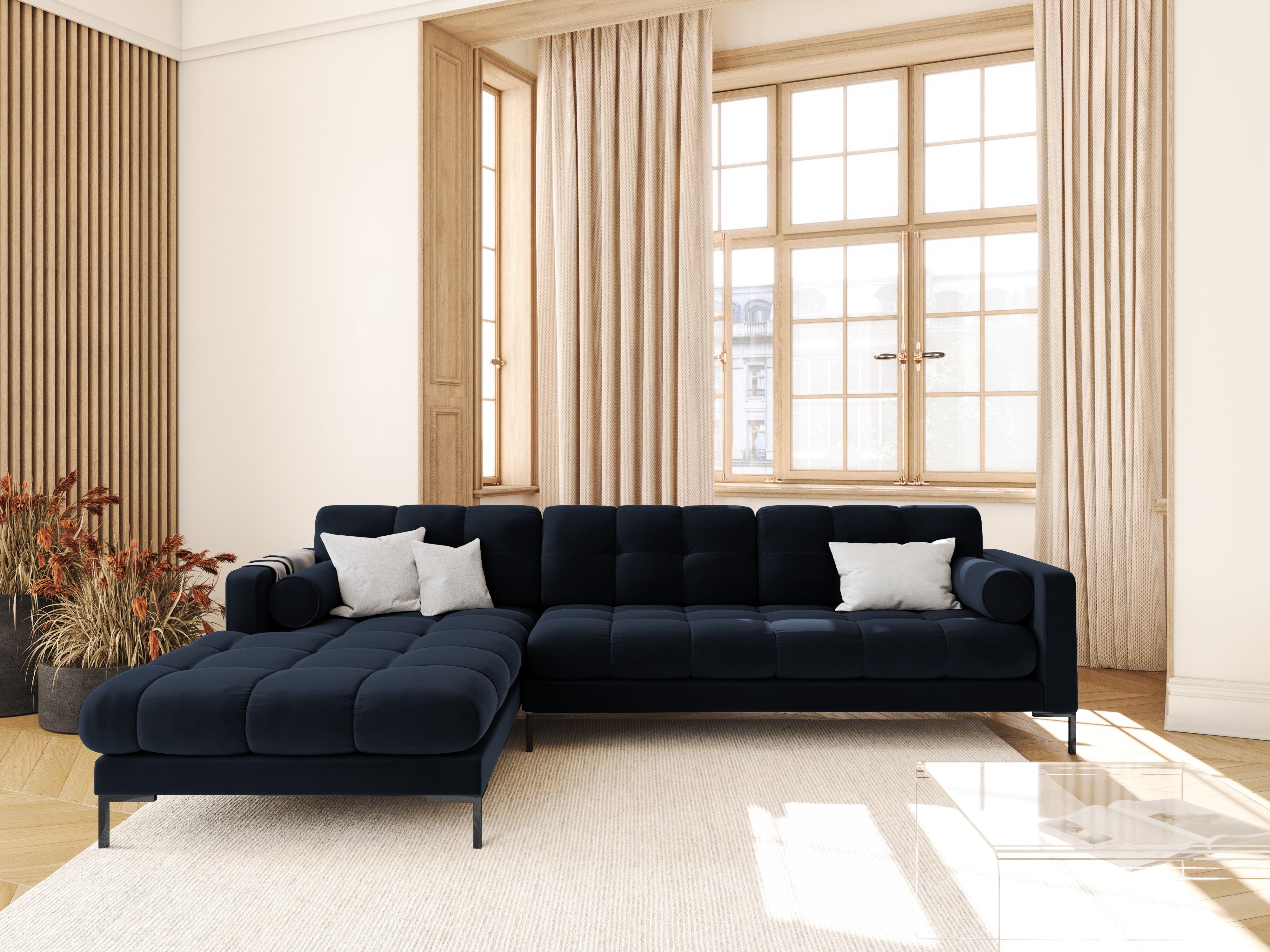 Narożnik aksamitny lewostronny BALI ciemnoniebieski z czarną podstawą Cosmopolitan Design Eye on Design