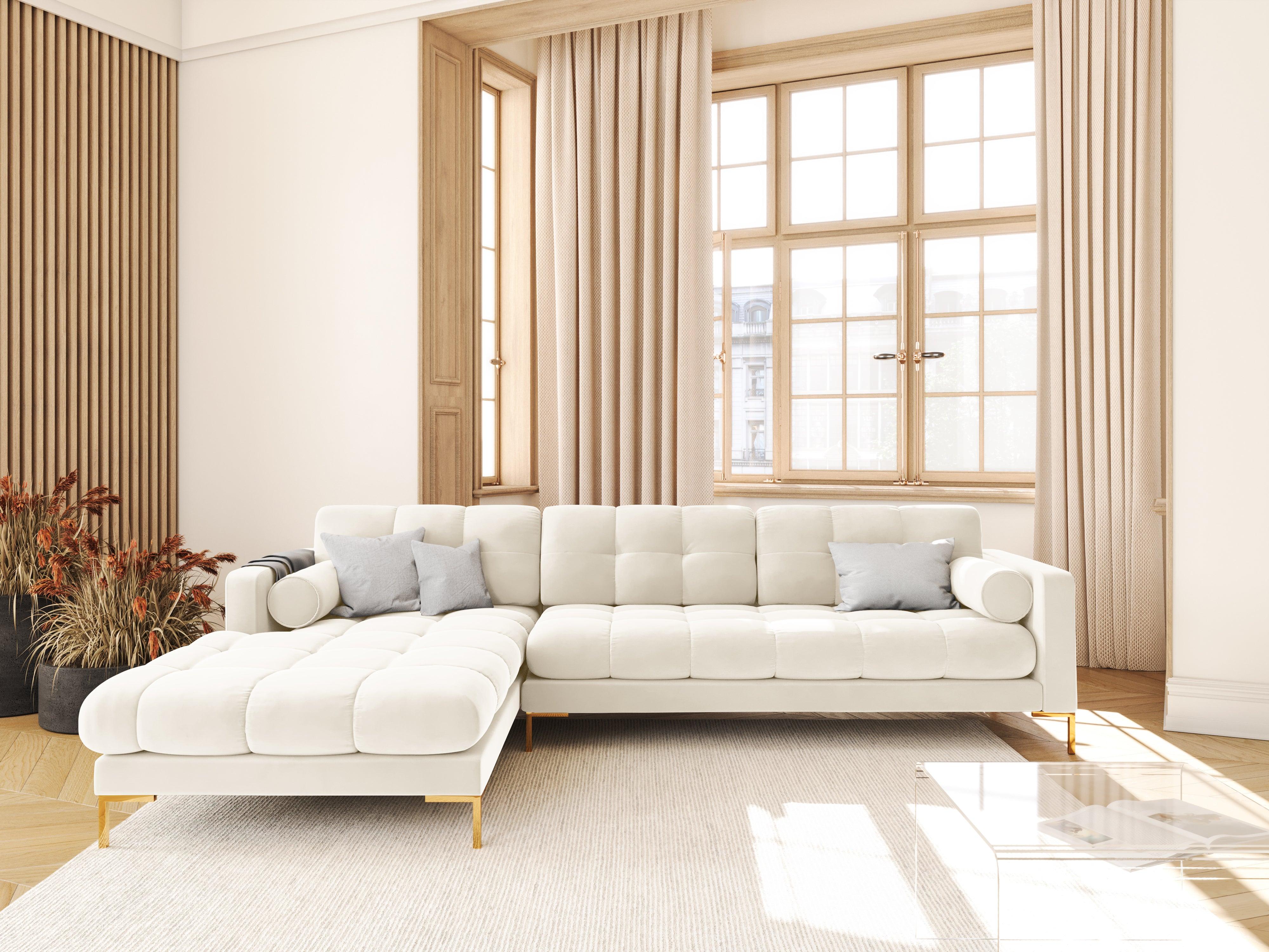 Narożnik aksamitny lewostronny BALI jasnobeżowy ze złotą podstawą Cosmopolitan Design Eye on Design