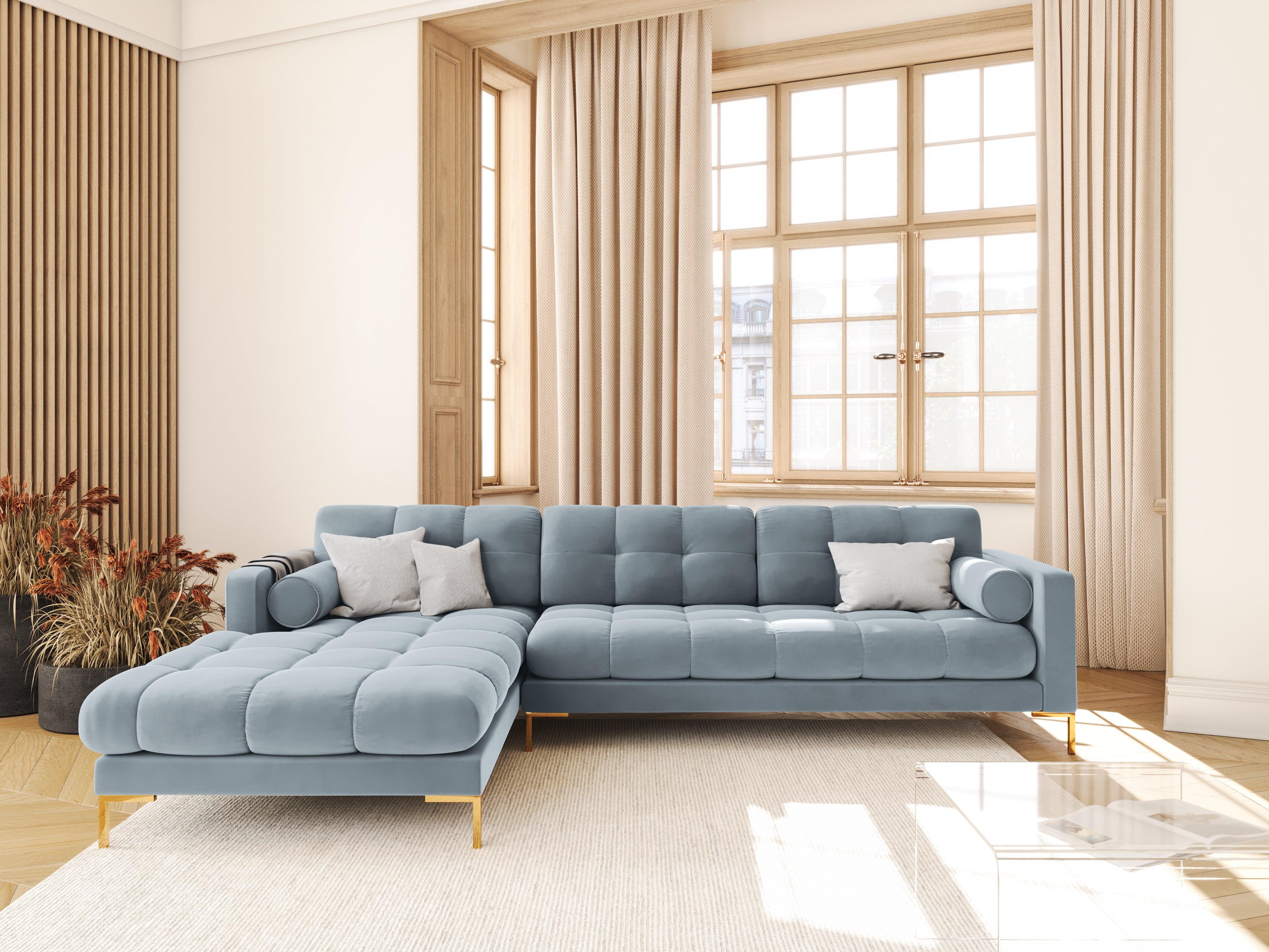 Narożnik aksamitny lewostronny BALI jasnoniebieski ze złotą podstawą Cosmopolitan Design Eye on Design