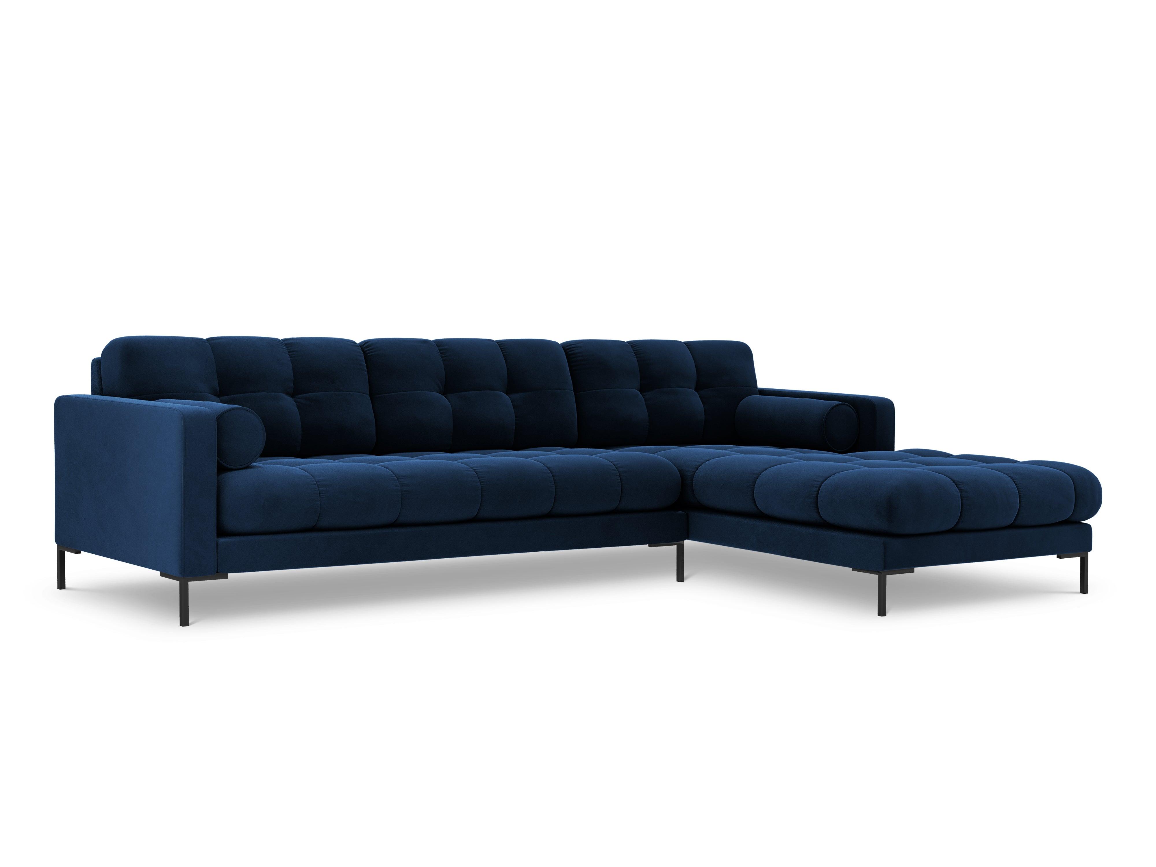 Narożnik aksamitny prawostronny BALI granat królewski z czarną podstawą Cosmopolitan Design Eye on Design