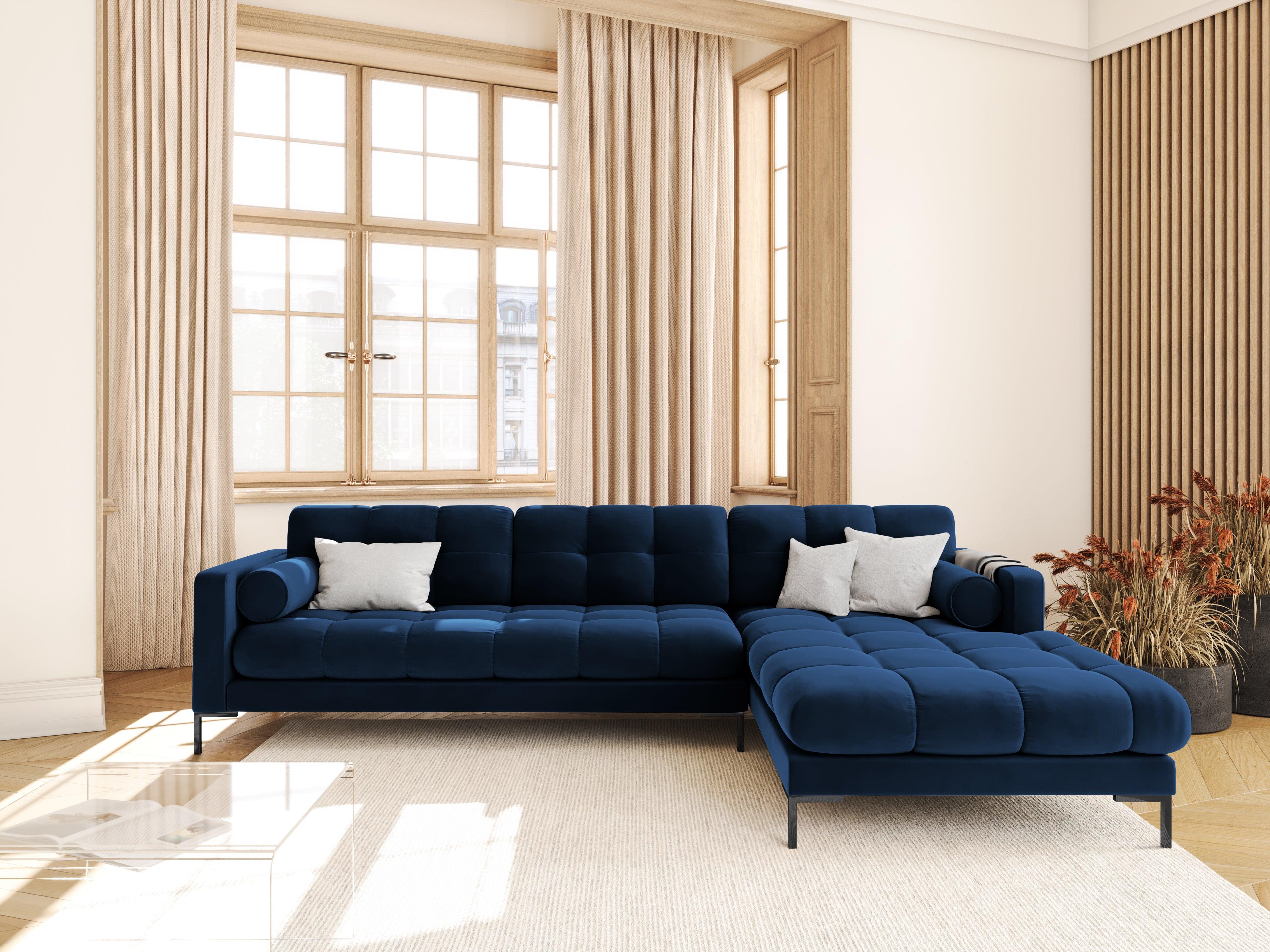 Narożnik aksamitny prawostronny BALI granat królewski z czarną podstawą Cosmopolitan Design Eye on Design