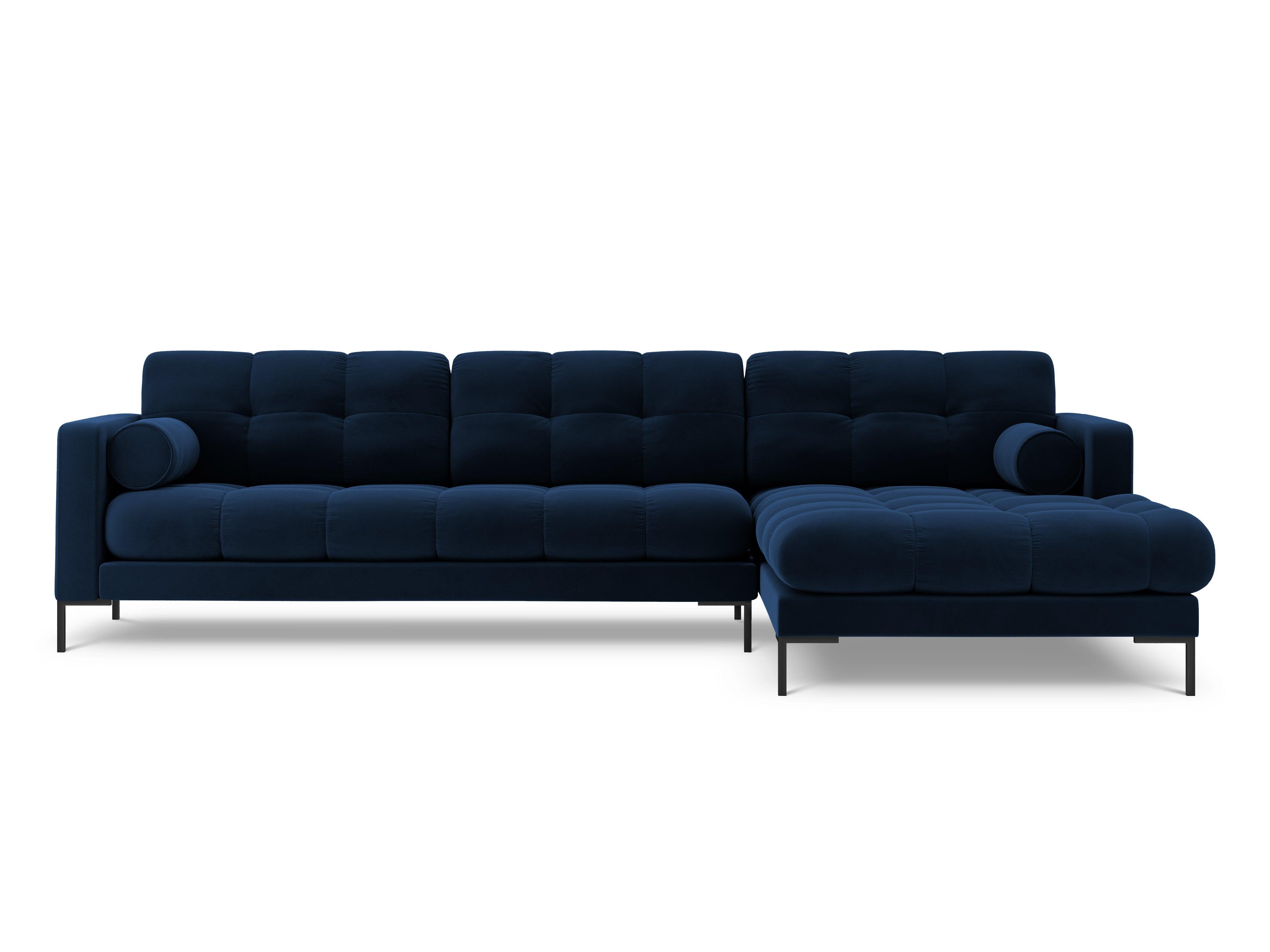 Narożnik aksamitny prawostronny BALI granat królewski z czarną podstawą Cosmopolitan Design Eye on Design