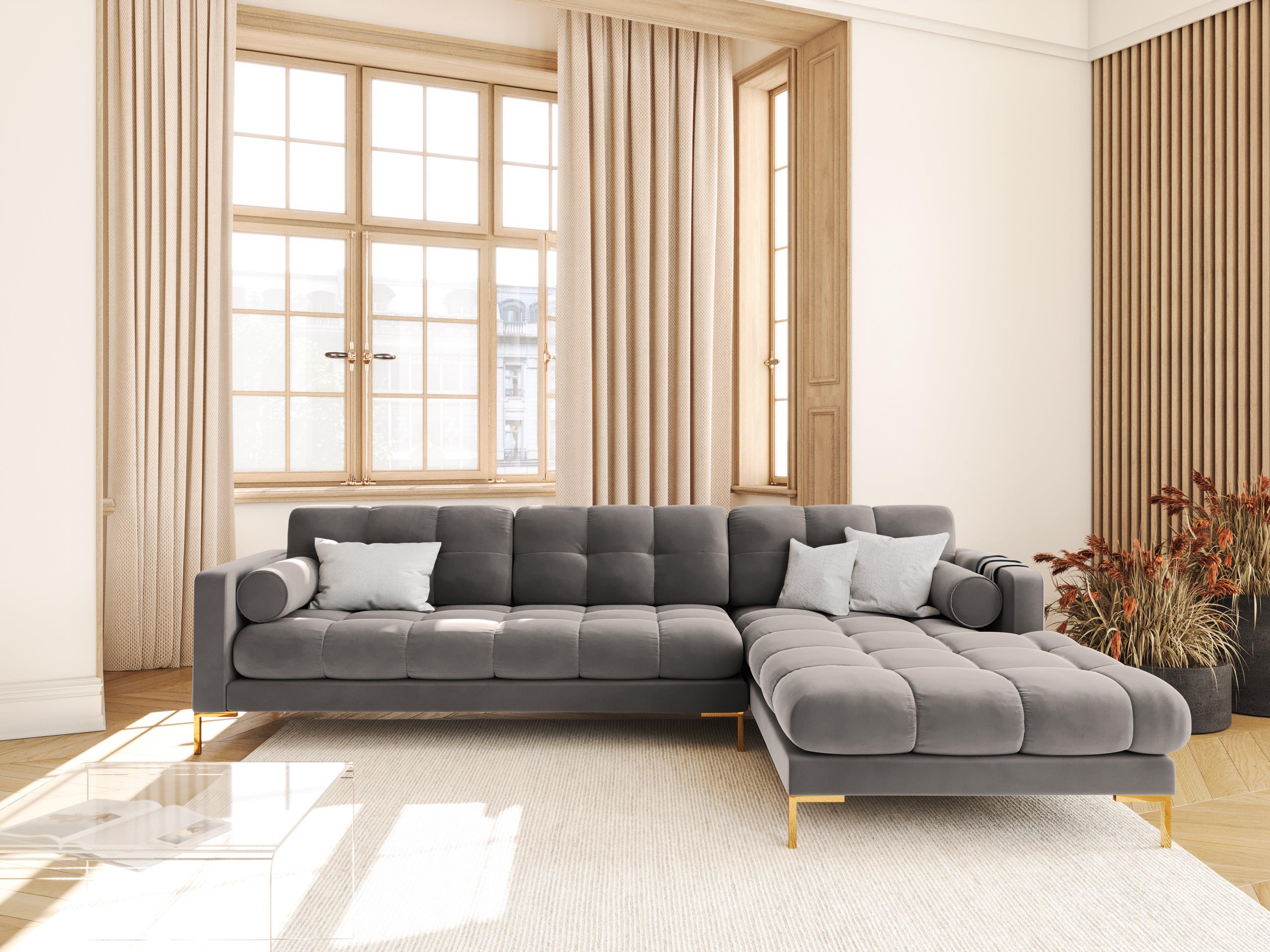 Narożnik aksamitny prawostronny BALI jasnoszary ze złotą podstawą Cosmopolitan Design Eye on Design