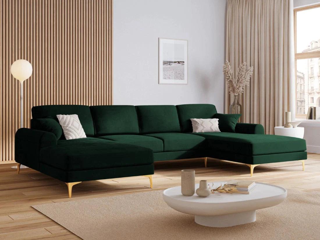 Narożnik aksamitny w kształcie U MADARA butelkowa zieleń ze złotą podstawą Mazzini Sofas Eye on Design