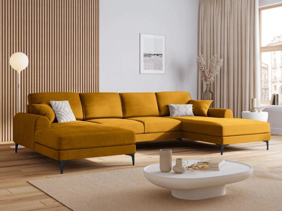 Narożnik aksamitny w kształcie U MADARA musztardowy z czarną podstawą Mazzini Sofas Eye on Design