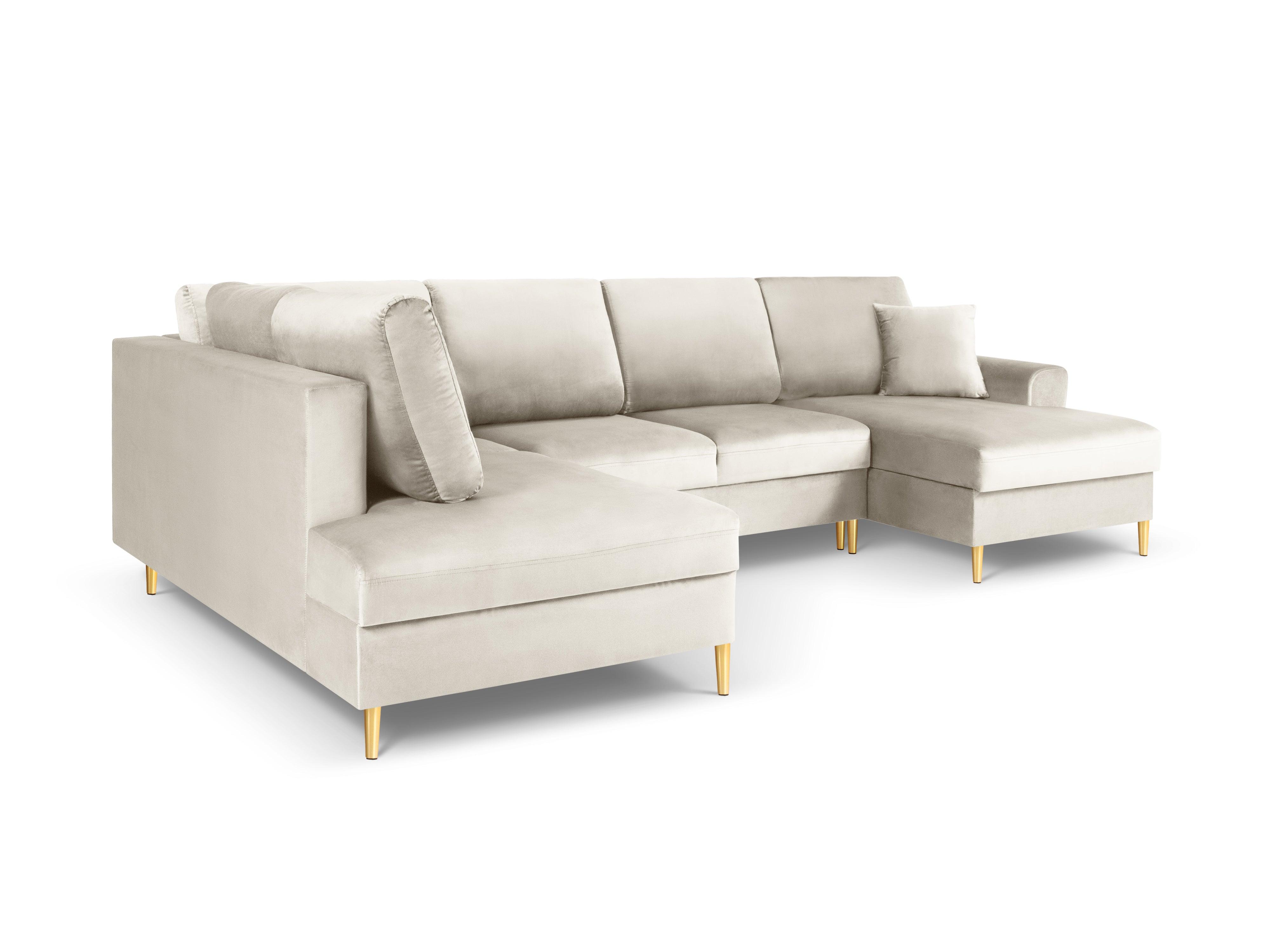 Narożnik lewostronny aksamitny panoramiczny z funkcją spania KYOTO beżowy ze złotą podstawą Cosmopolitan Design Eye on Design