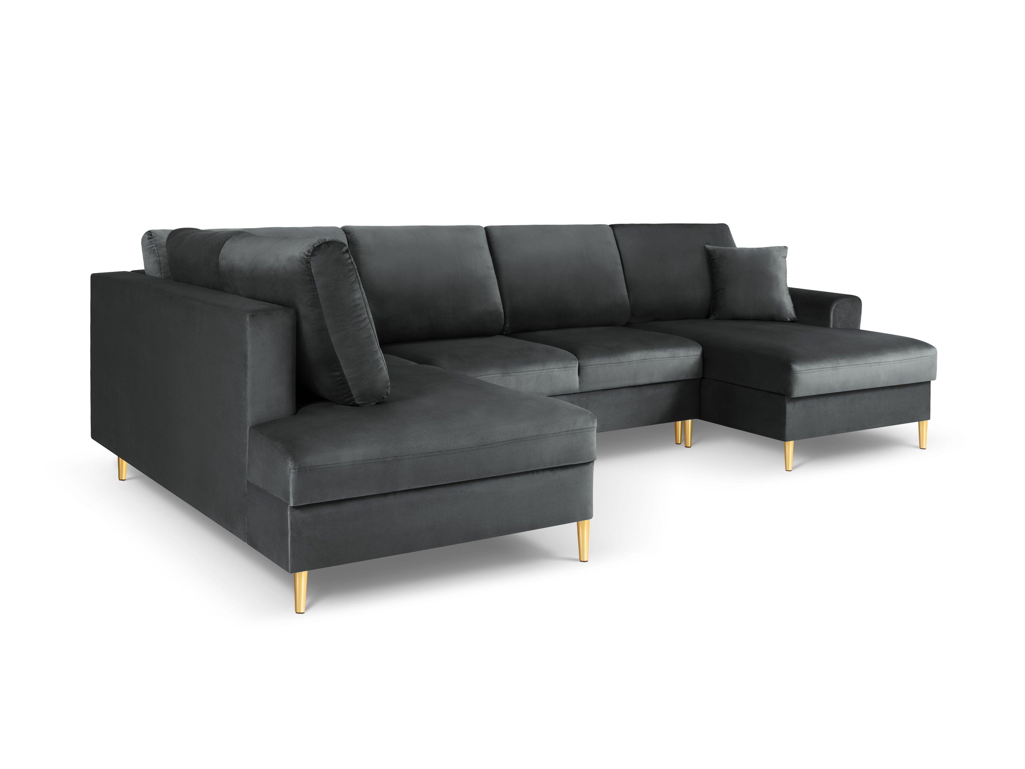 Narożnik lewostronny aksamitny panoramiczny z funkcją spania KYOTO ciemnoszary ze złotą podstawą Cosmopolitan Design Eye on Design