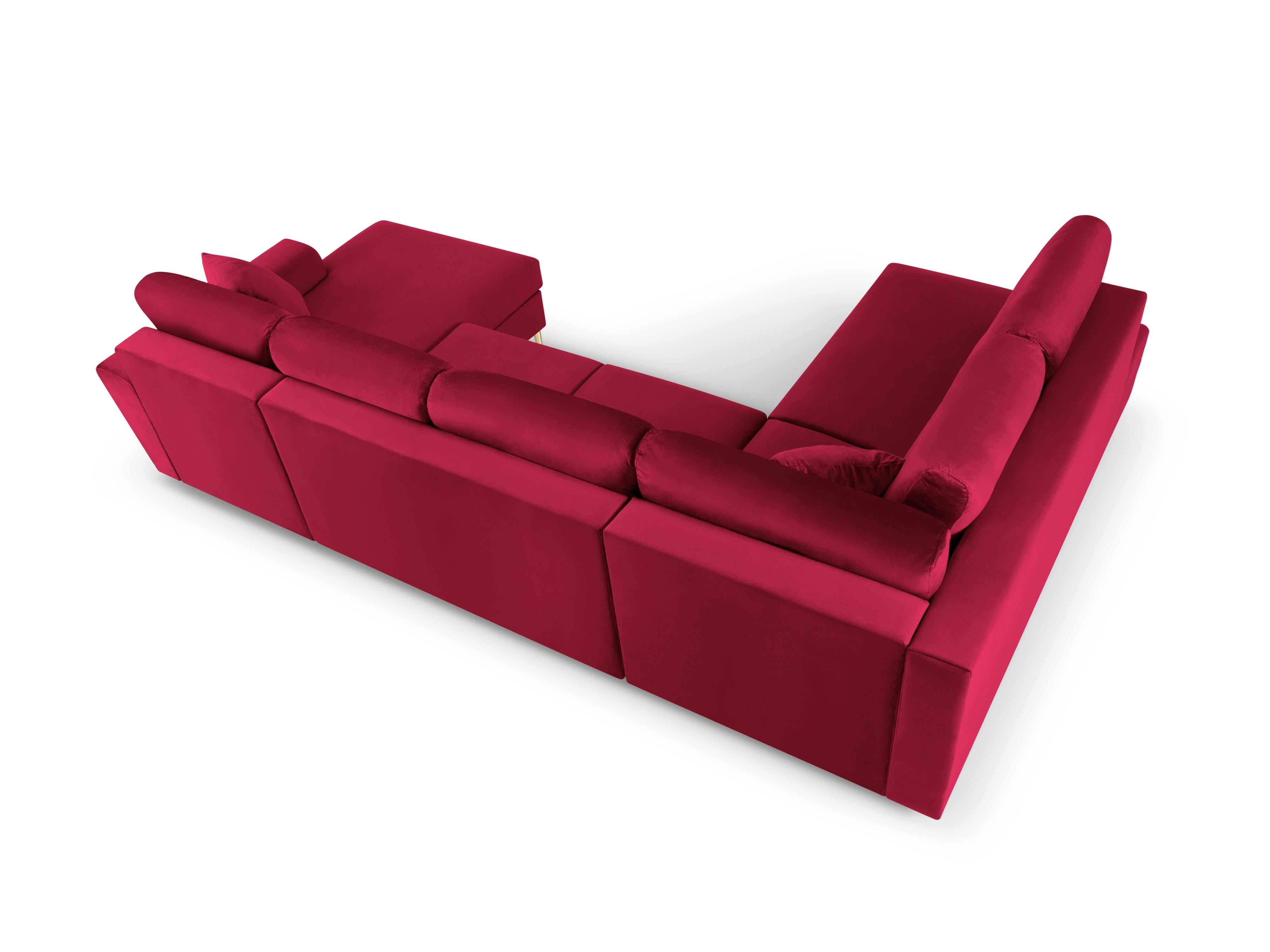 Narożnik lewostronny aksamitny panoramiczny z funkcją spania KYOTO czerwony z czarną podstawą Cosmopolitan Design Eye on Design