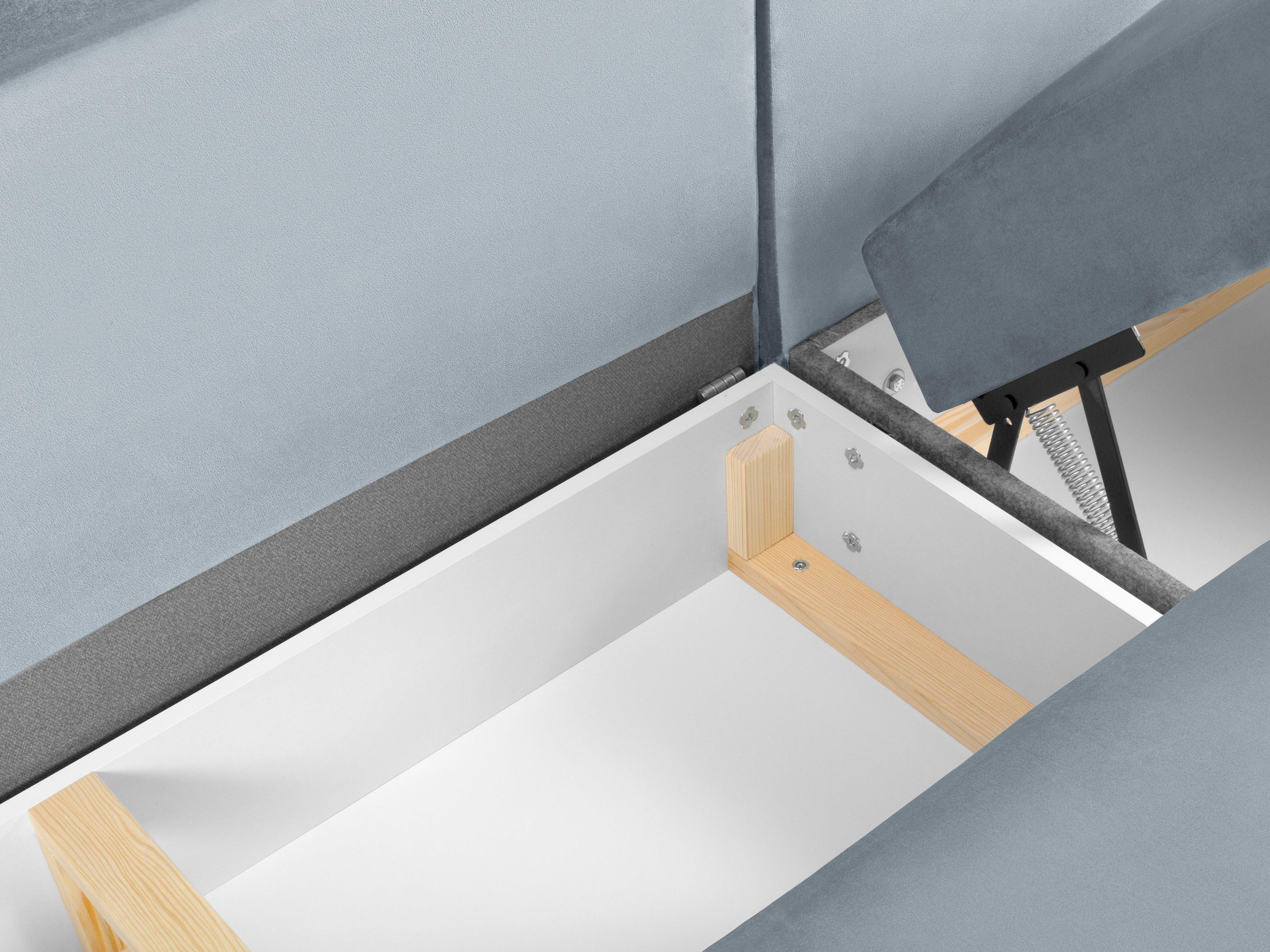 Narożnik lewostronny aksamitny panoramiczny z funkcją spania KYOTO jasnoniebieski ze złotą podstawą Cosmopolitan Design Eye on Design