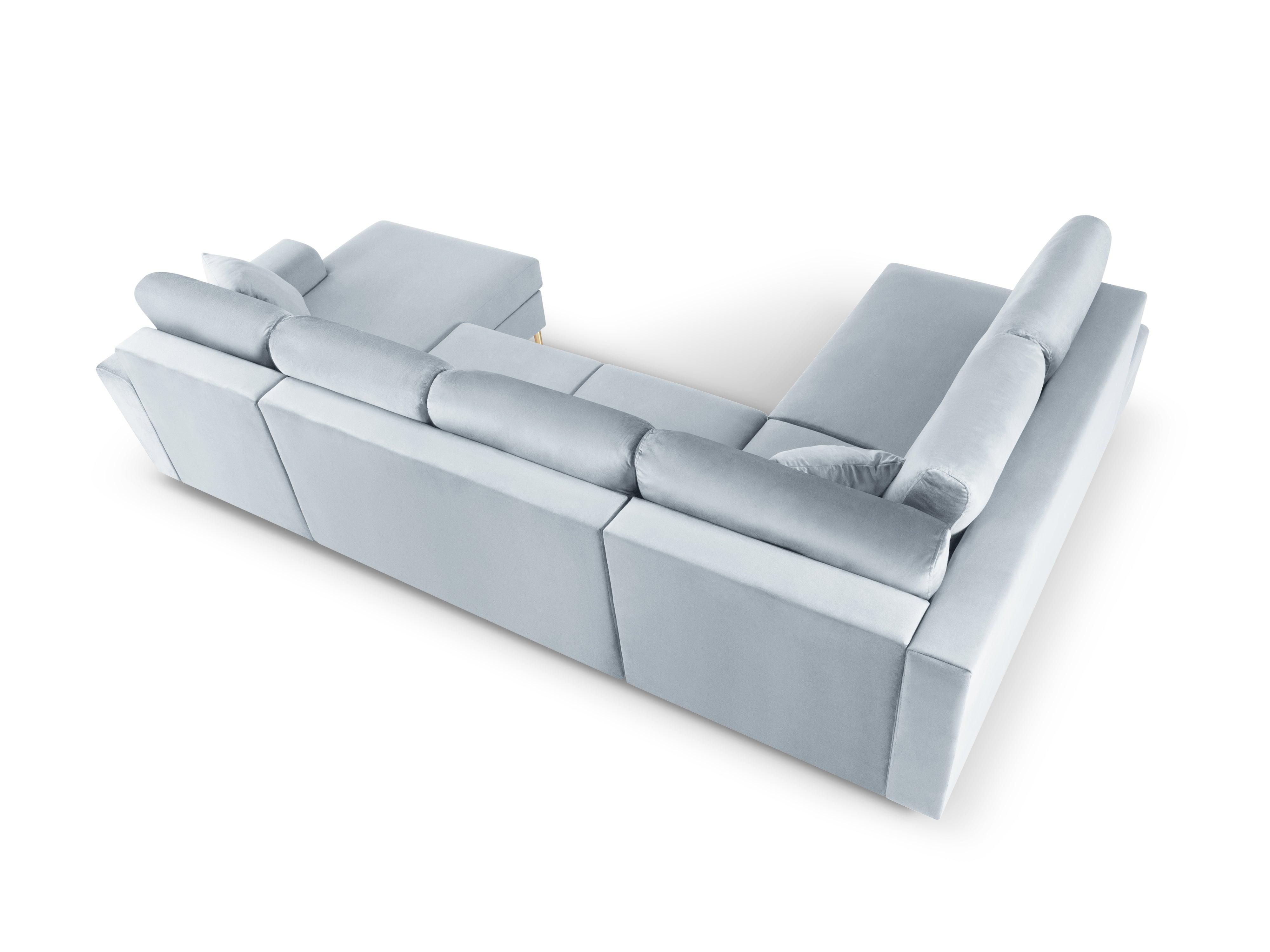 Narożnik lewostronny aksamitny panoramiczny z funkcją spania KYOTO jasnoniebieski ze złotą podstawą Cosmopolitan Design Eye on Design
