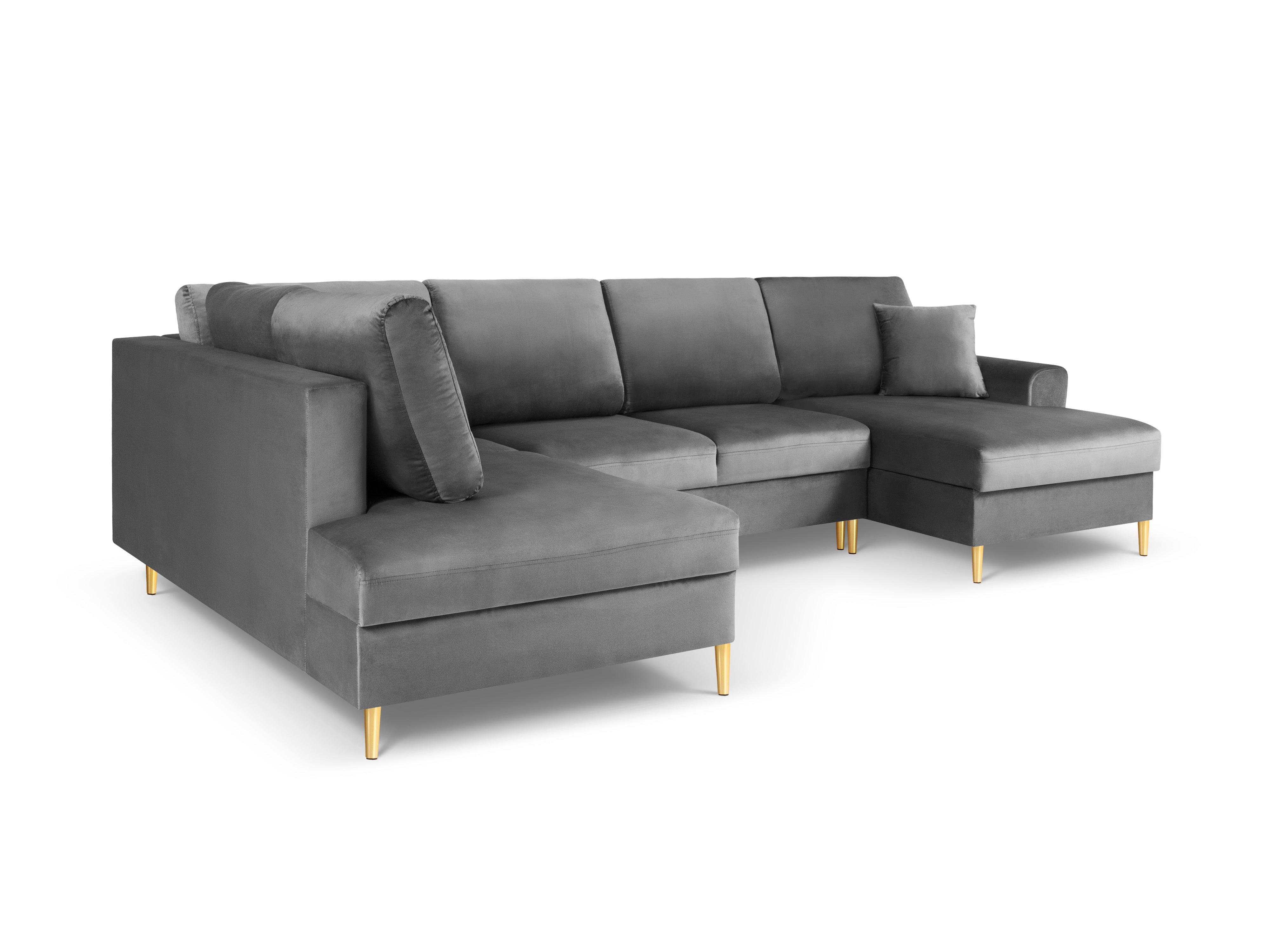 Narożnik lewostronny aksamitny panoramiczny z funkcją spania KYOTO jasnoszary ze złotą podstawą Cosmopolitan Design Eye on Design