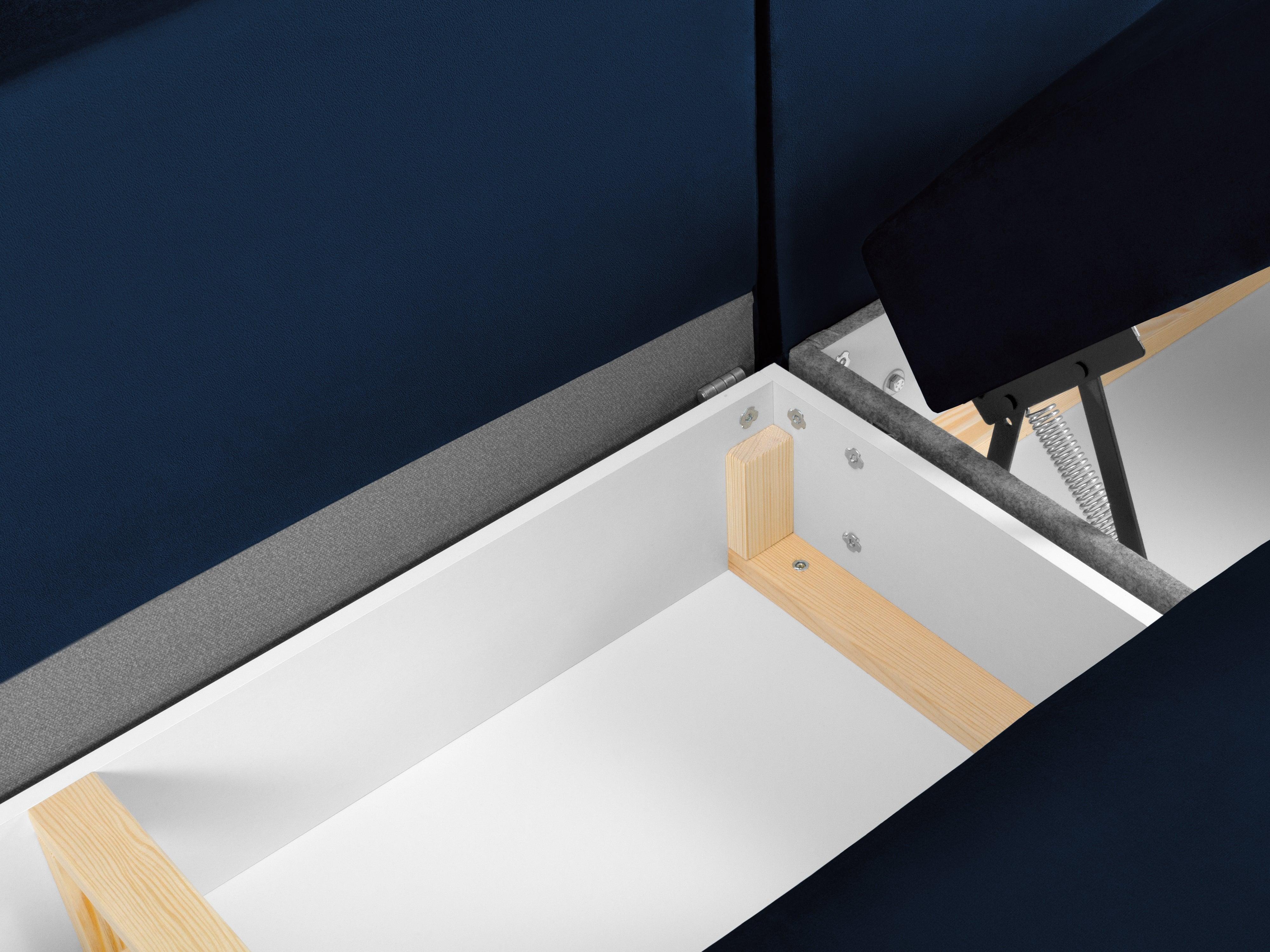 Narożnik lewostronny aksamitny panoramiczny z funkcją spania KYOTO niebieski z czarną podstawą Cosmopolitan Design Eye on Design