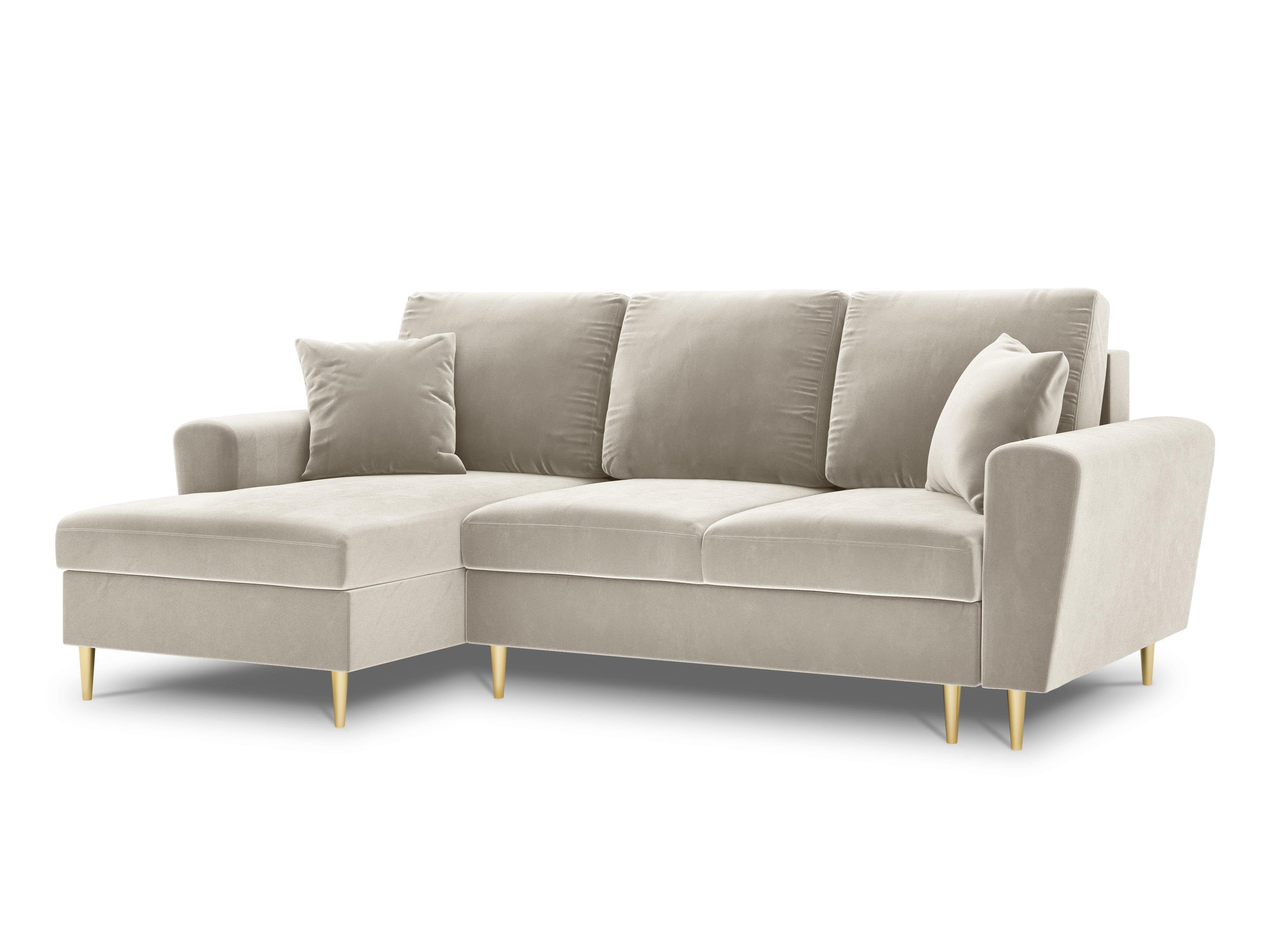 Narożnik lewostronny aksamitny z funkcją spania KYOTO beżowy ze złotą podstawą Cosmopolitan Design Eye on Design