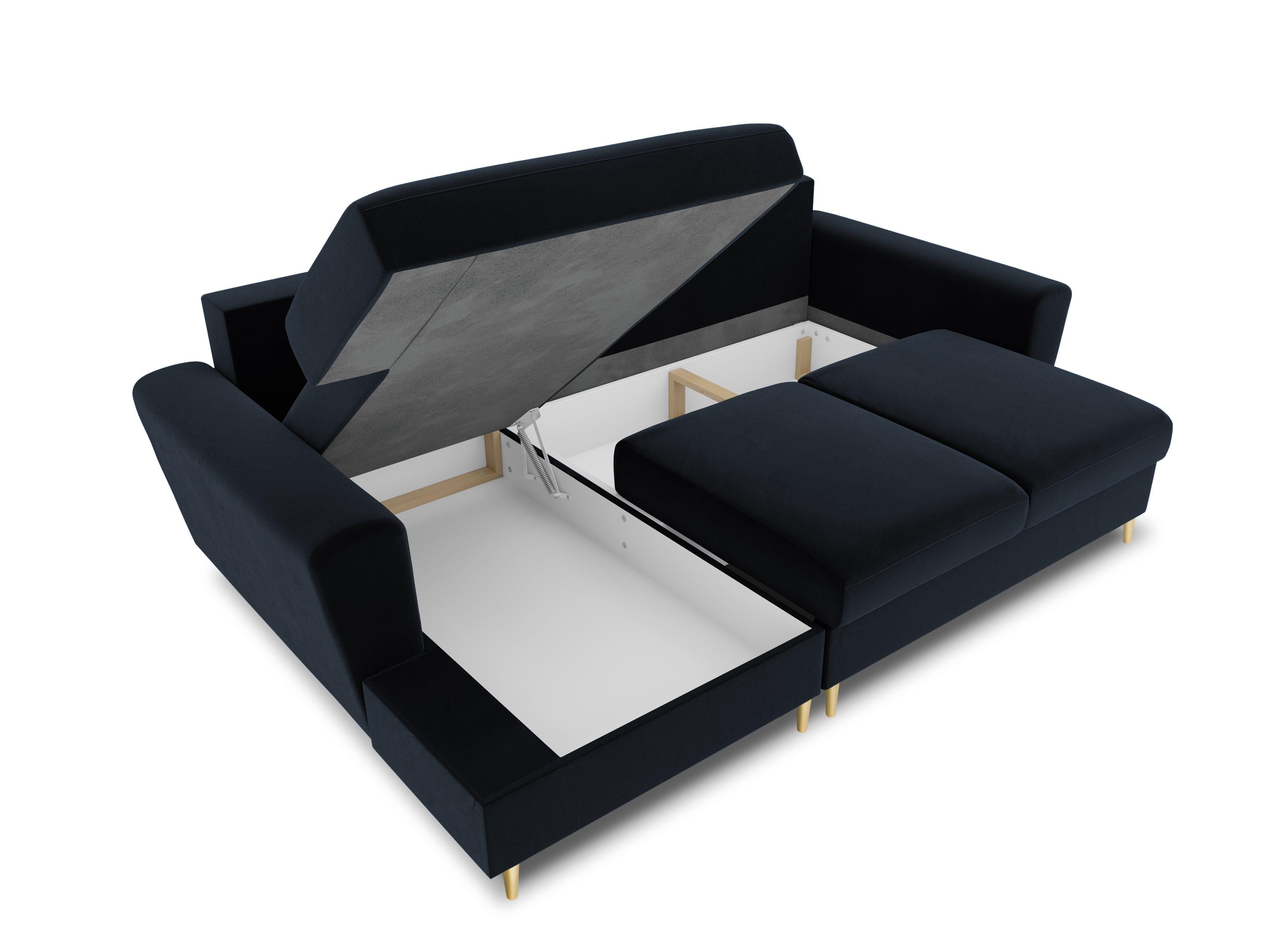 Narożnik lewostronny aksamitny z funkcją spania KYOTO ciemnoniebieski ze złotą podstawą Cosmopolitan Design Eye on Design