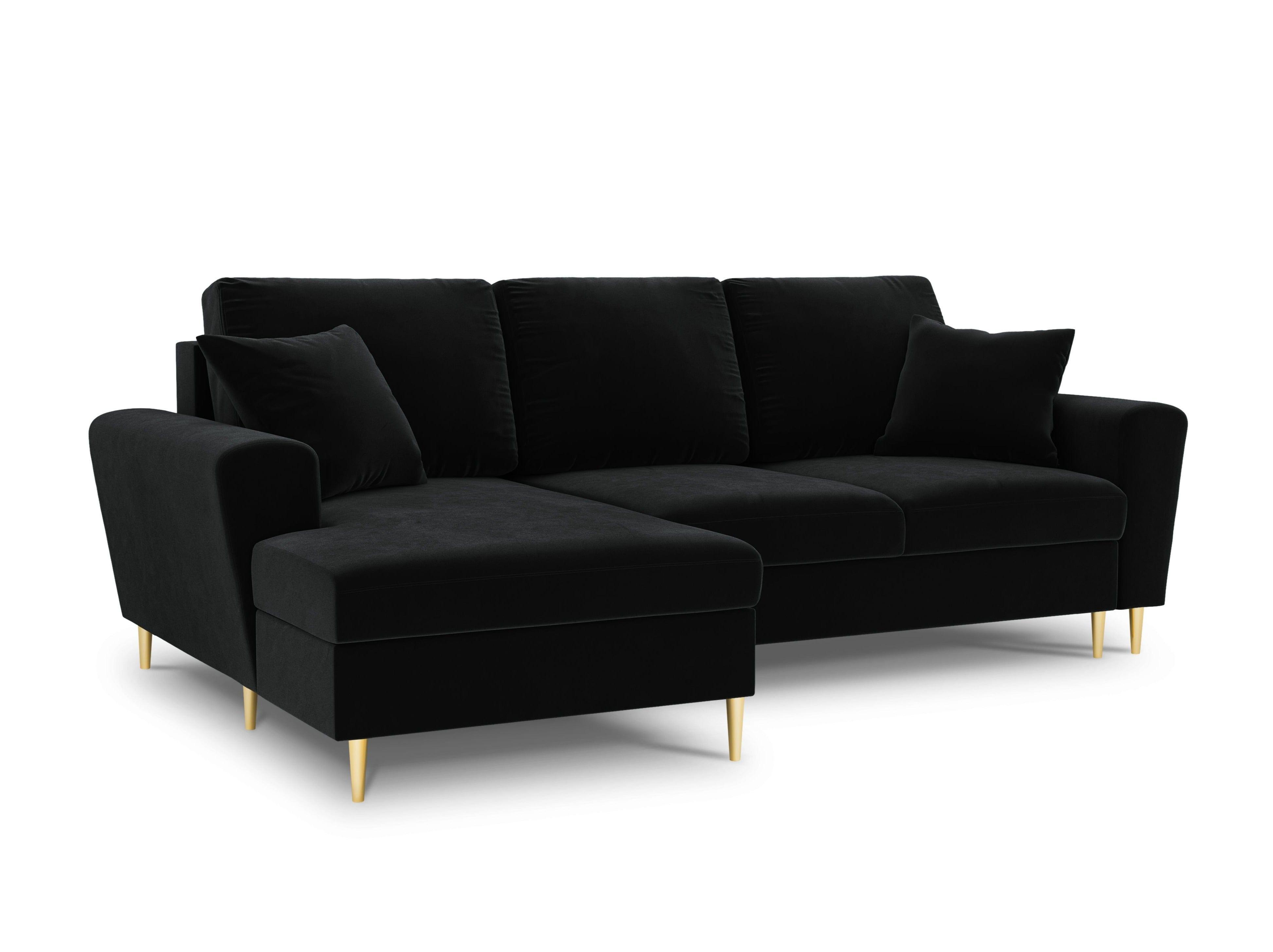 Narożnik lewostronny aksamitny z funkcją spania KYOTO czarny ze złotą podstawą Cosmopolitan Design Eye on Design