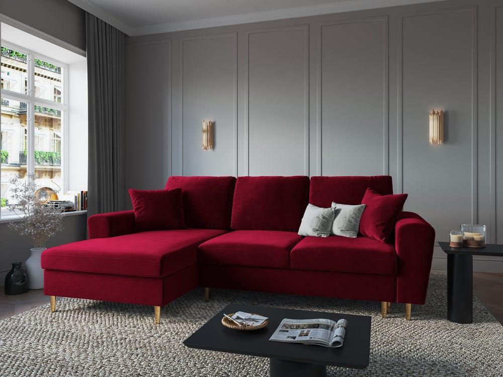 Narożnik lewostronny aksamitny z funkcją spania KYOTO czerwony ze złotą podstawą Cosmopolitan Design Eye on Design