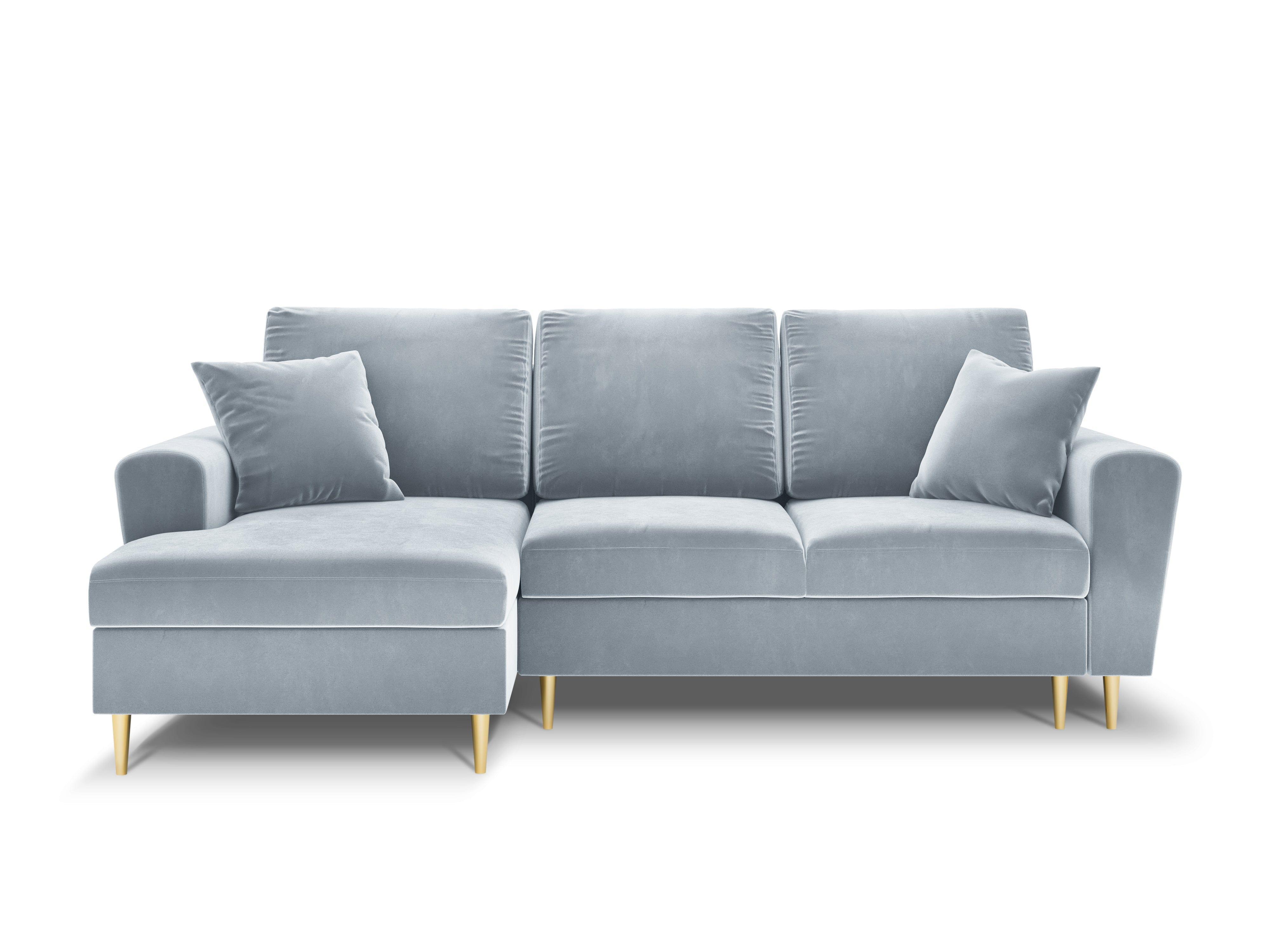 Narożnik lewostronny aksamitny z funkcją spania KYOTO jasnoniebieski ze złotą podstawą Cosmopolitan Design Eye on Design